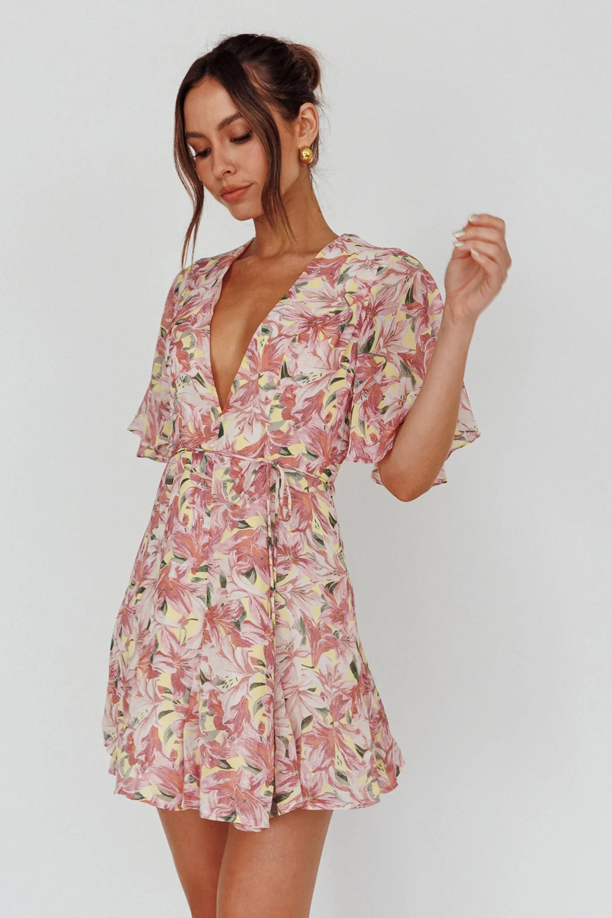 Estelle Angel Sleeve Dress Lily Print Yellow