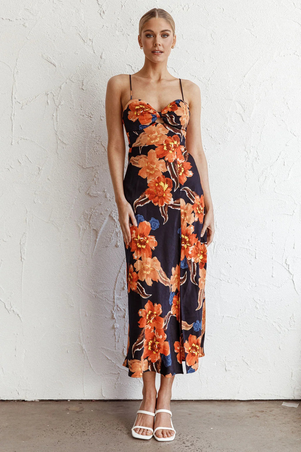 Missoula Cami Strap Padded Bust Midi Dress Flower Orange