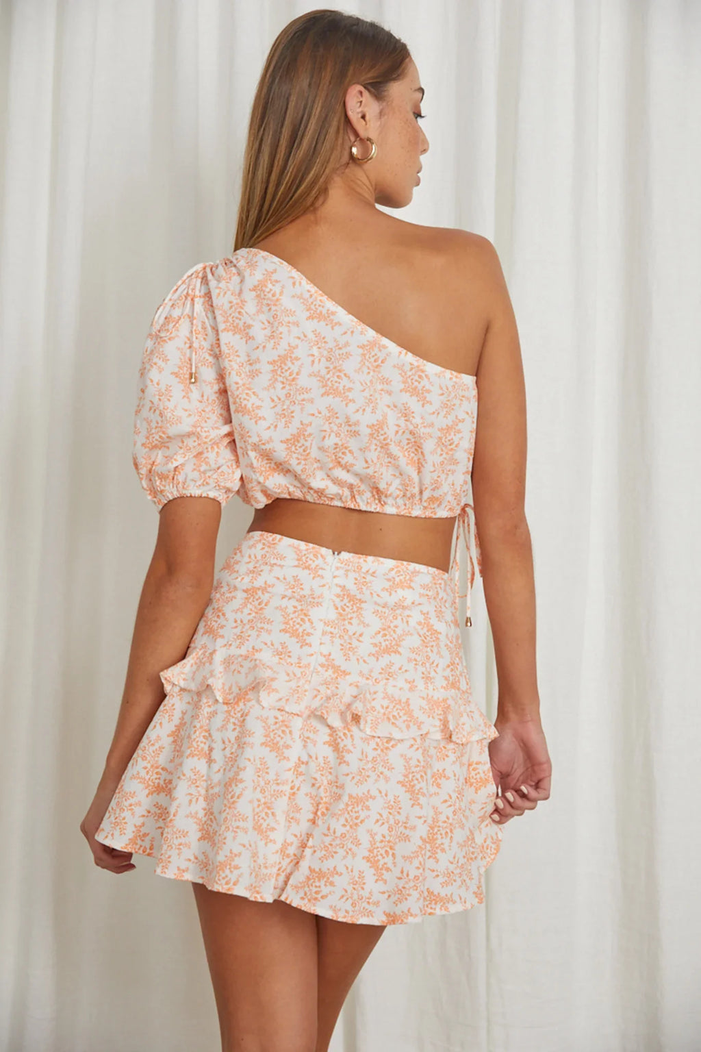 Georgette Frill Trim Skirt Floral Orange