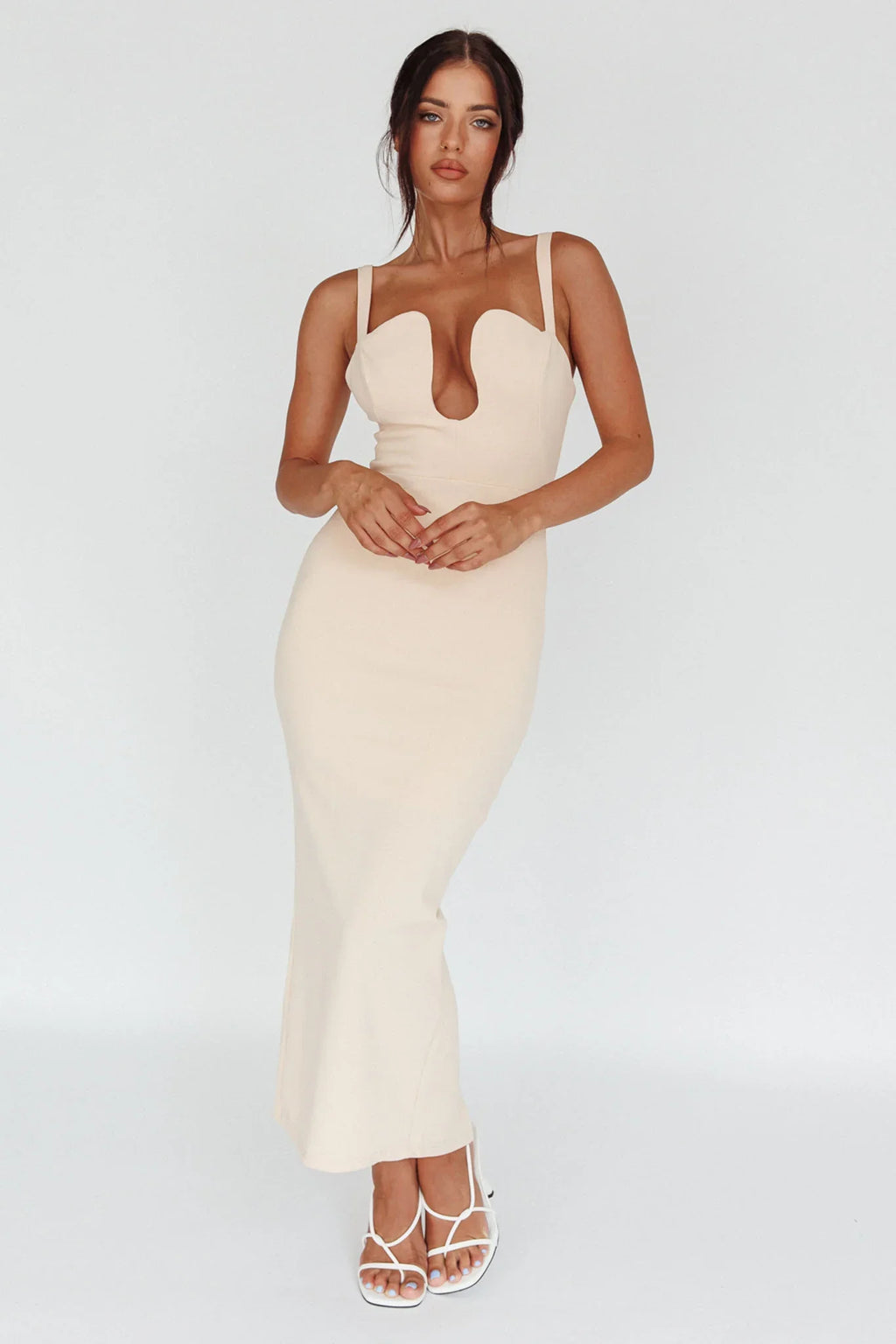 Winter Garden U-Neckline Maxi Dress Beige