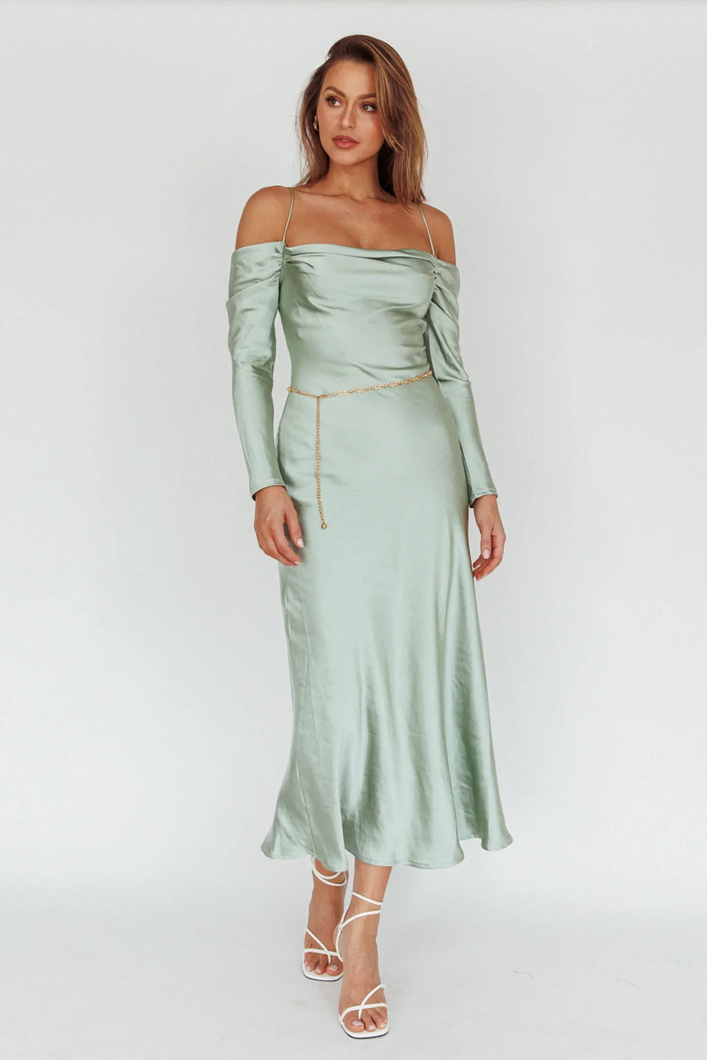Ellory Long Sleeve Off-Shoulder Dress Sage