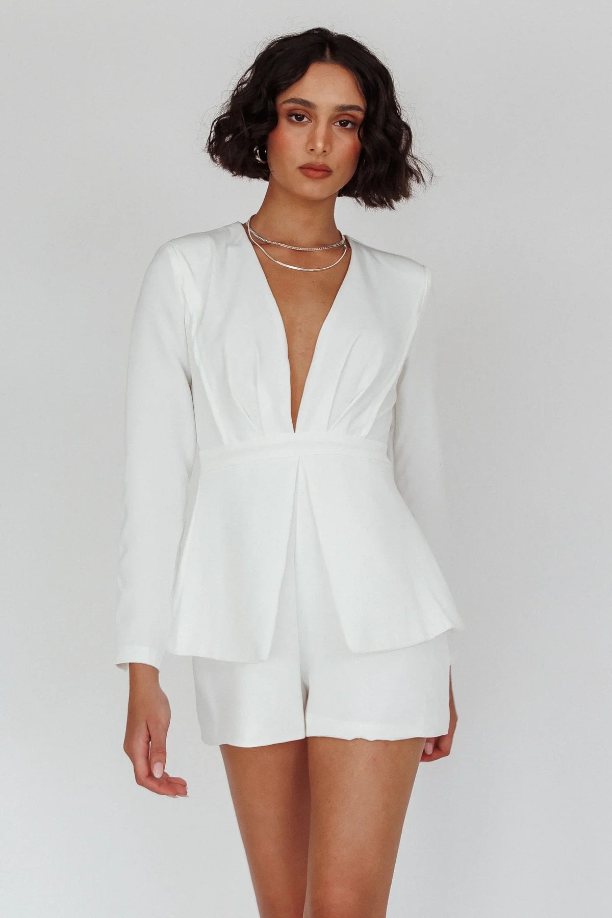 Kamanah Long Sleeve Plunging Neckline Romper White