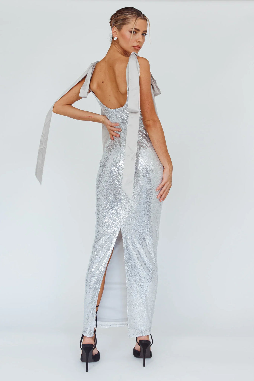 Birthday Wish Tied Shoulder Sequin Maxi Dress Silver