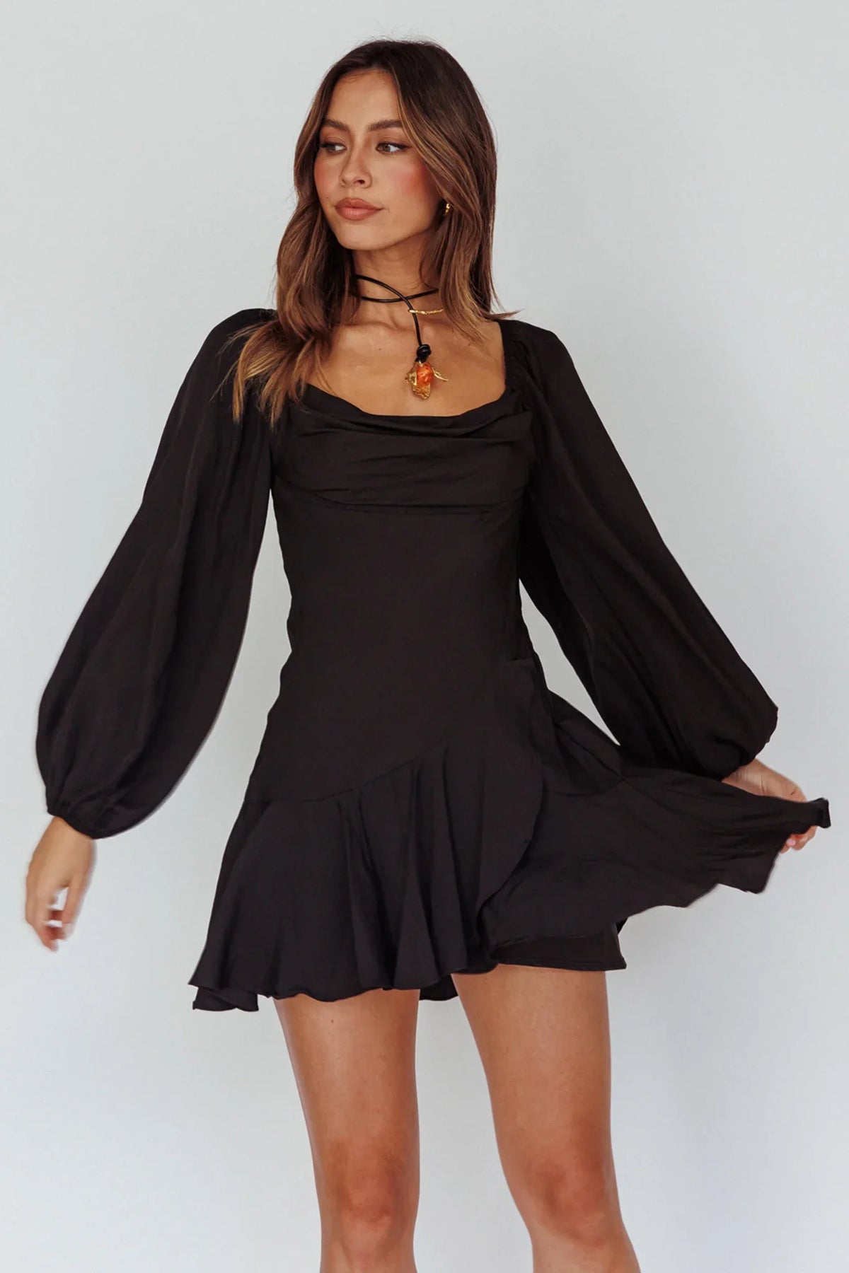 Beaujolais Long Sleeve Cowl Neckline Ruffle Satin Mini Dress Black