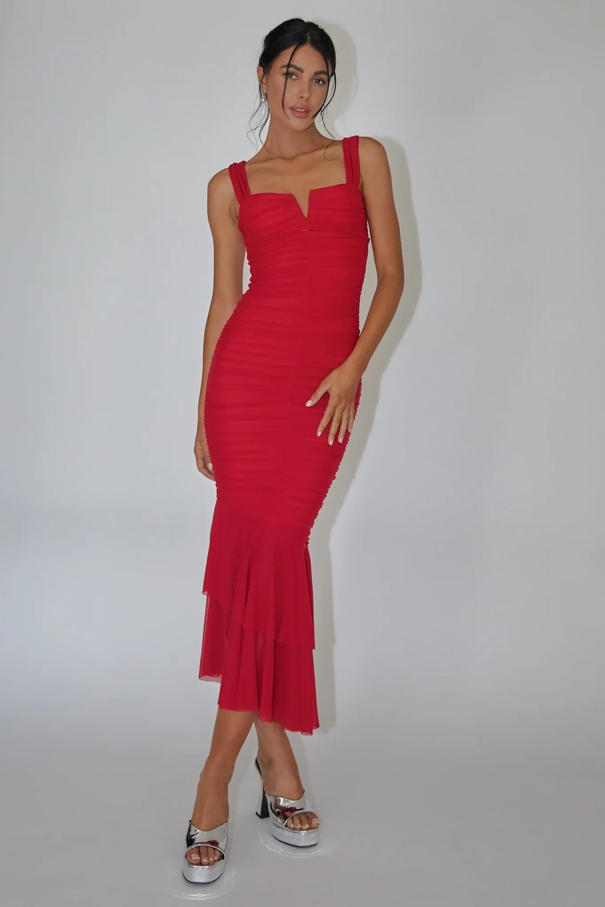 Nadia Ruched Fishtail Maxi Dress Red