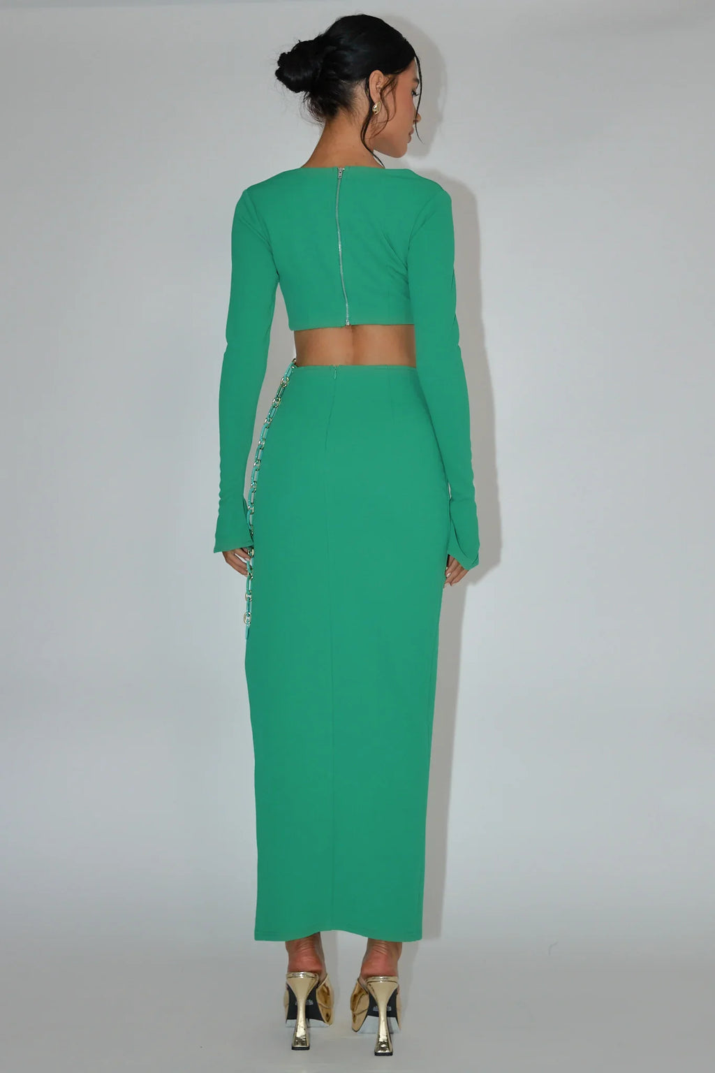 Sigournie Long Sleeve Chain Midi Dress Green
