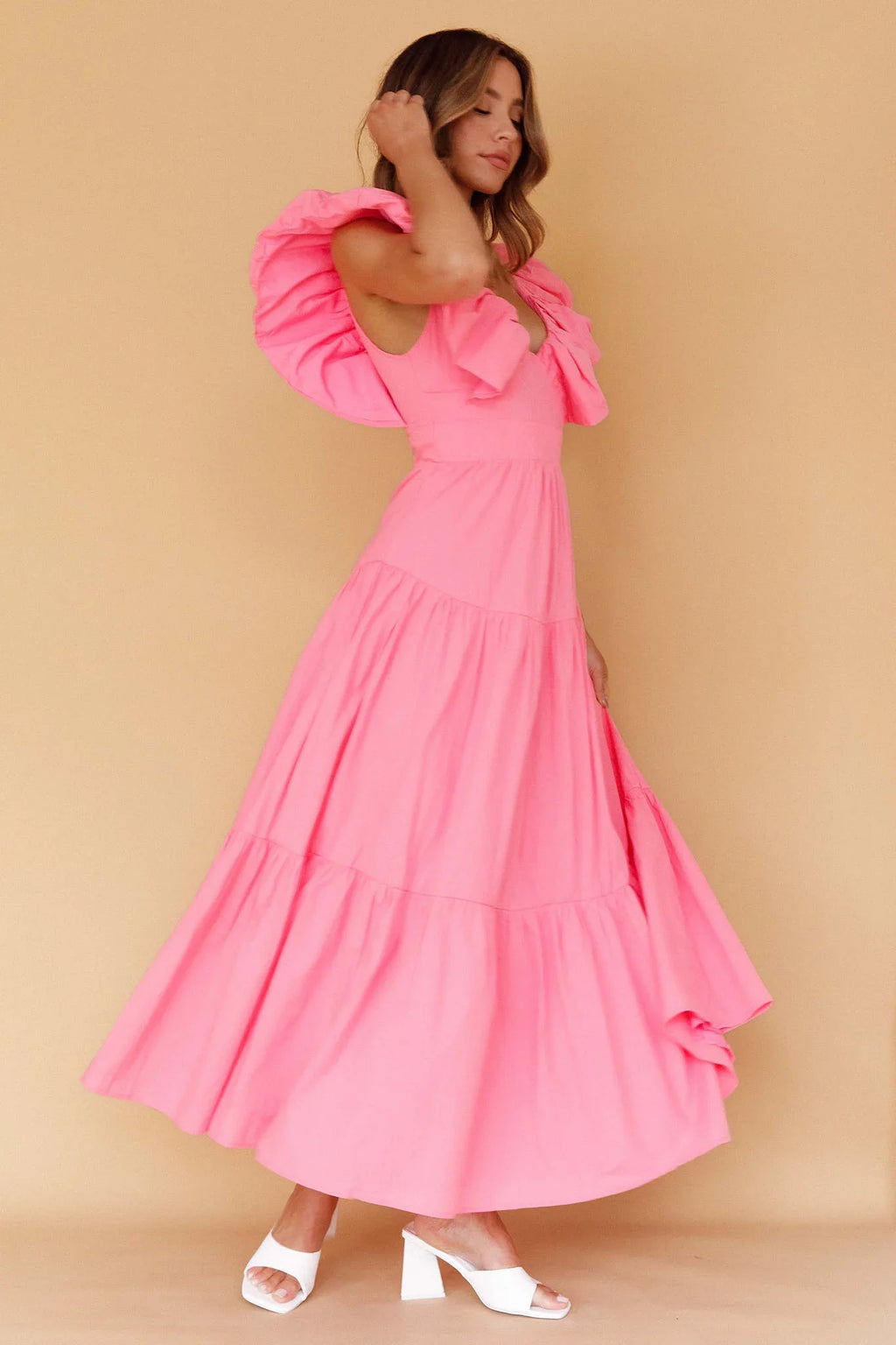 Kahlo Puffed Ruffle Neckline Maxi Dress Soft Pink