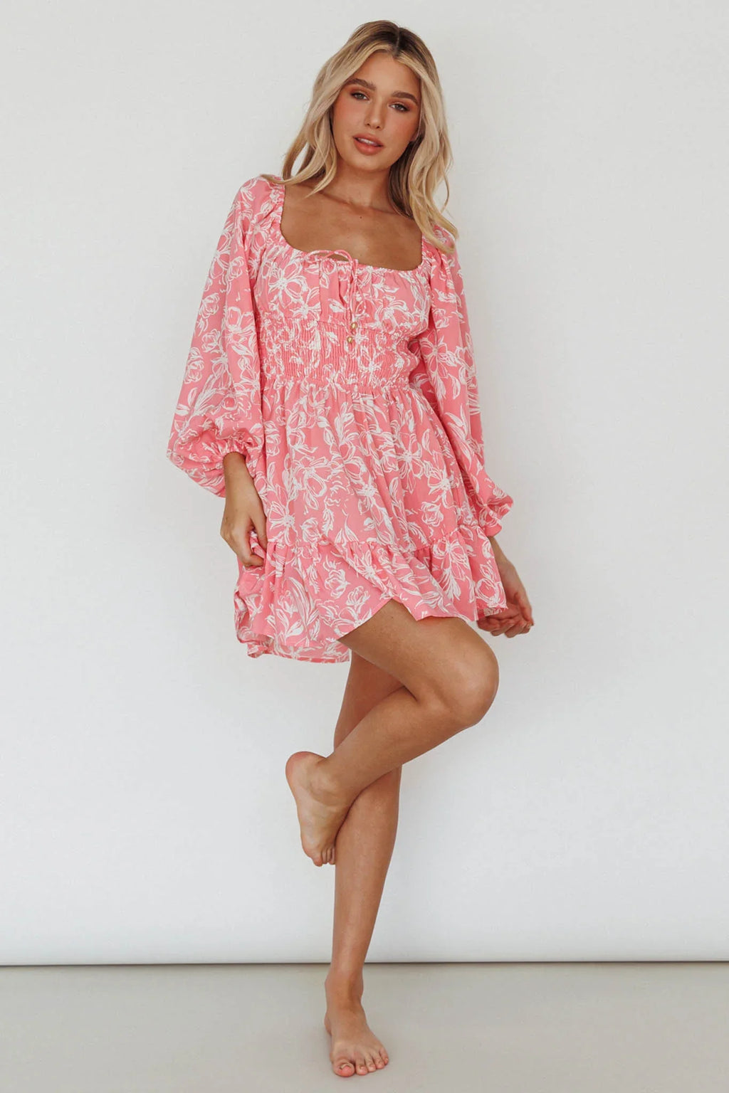 Amilie Shirred Long Sleeve Dress Floral Pink