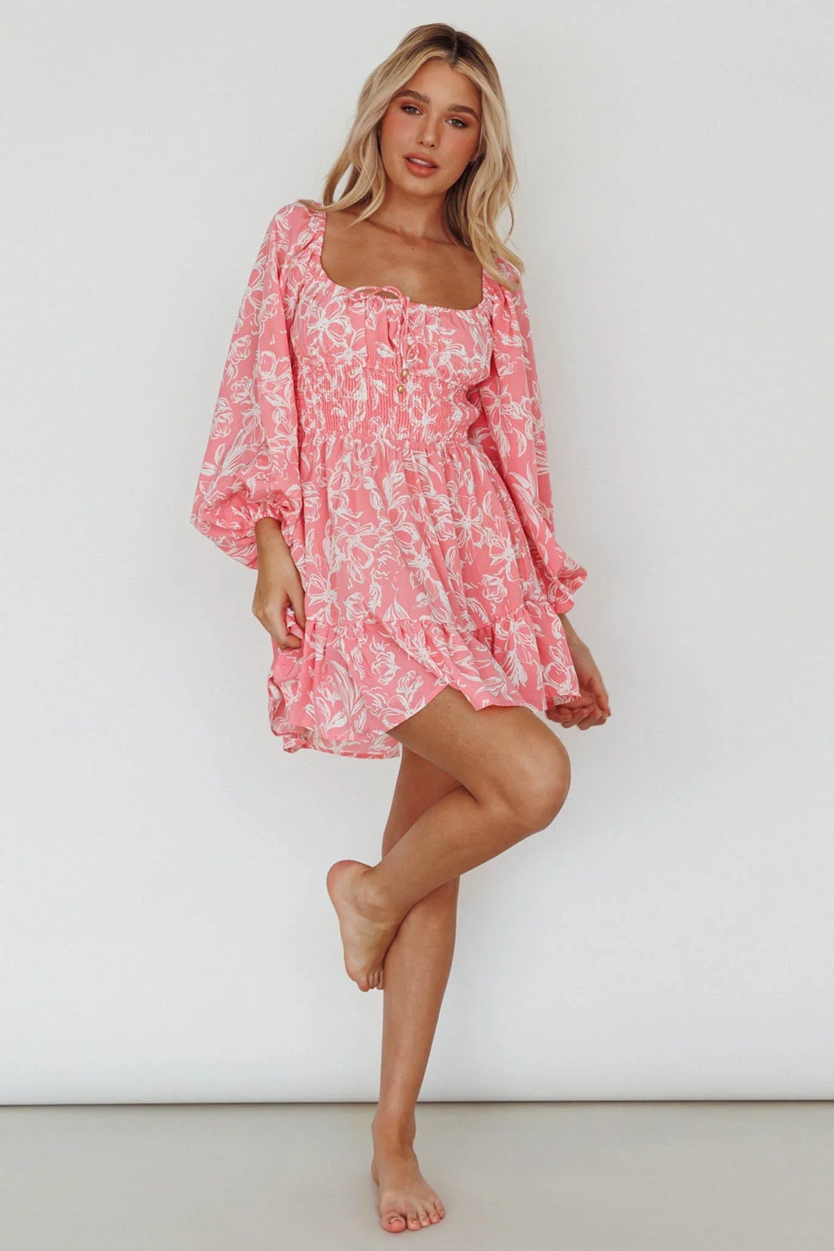 Amilie Shirred Long Sleeve Dress Floral Pink