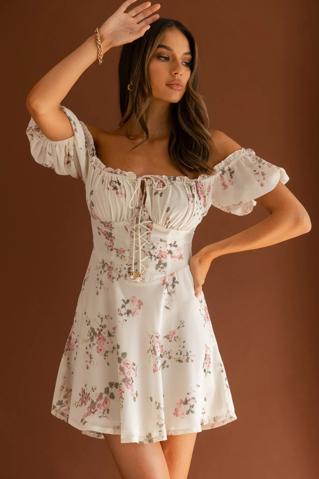 Belle Fleur Tied Bust Mini Dress Floral White