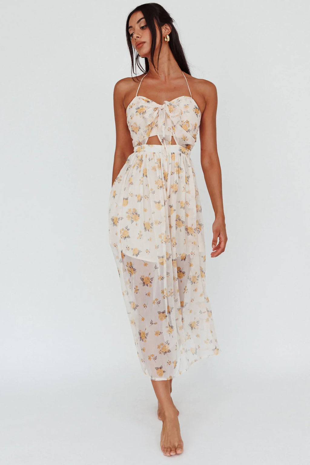 Los Feliz Tied Bust Halterneck Midi Dress Sheer Floral Yellow