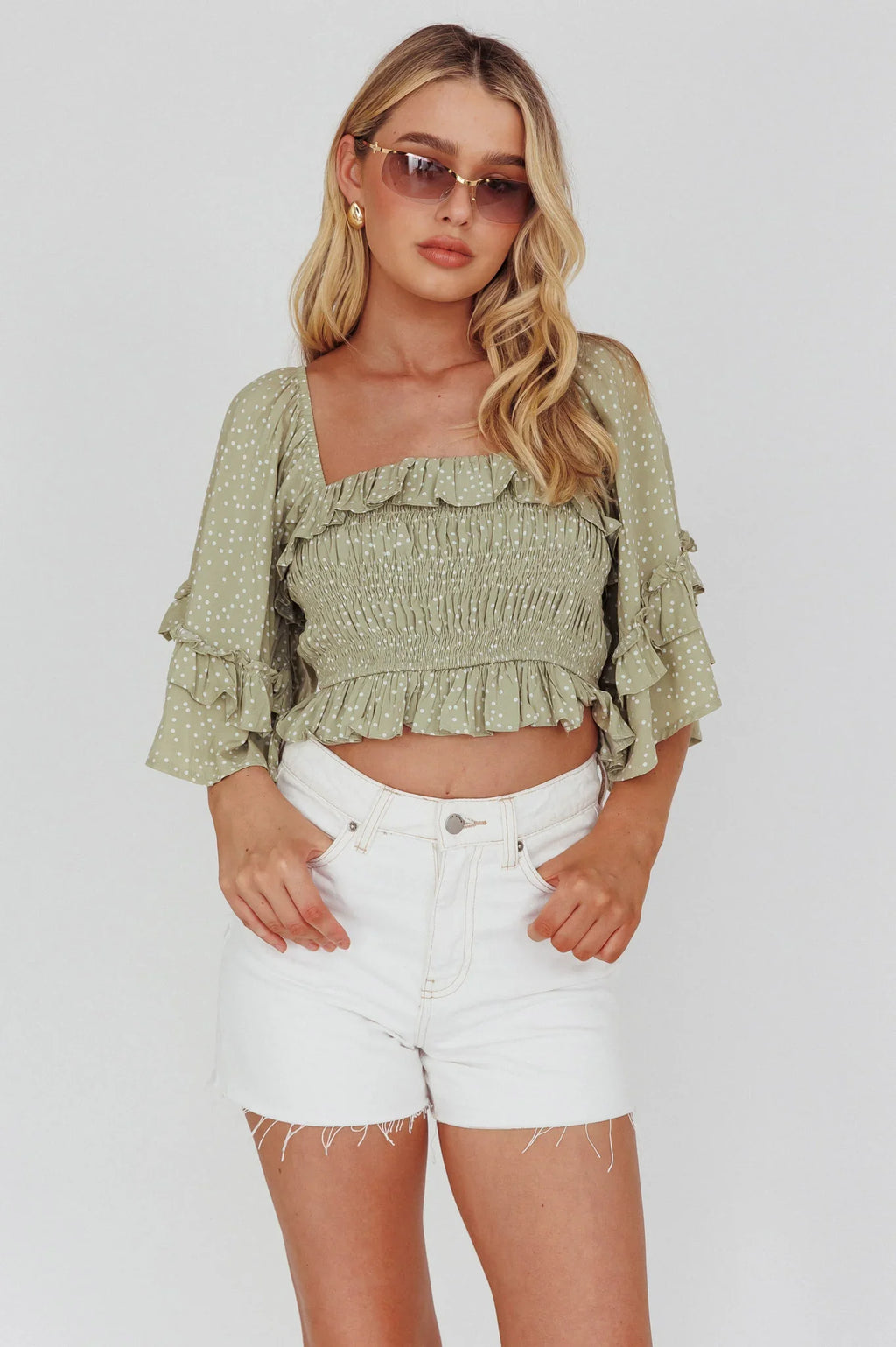Boardwalk Bell Sleeve Crop Top Spotty Sage