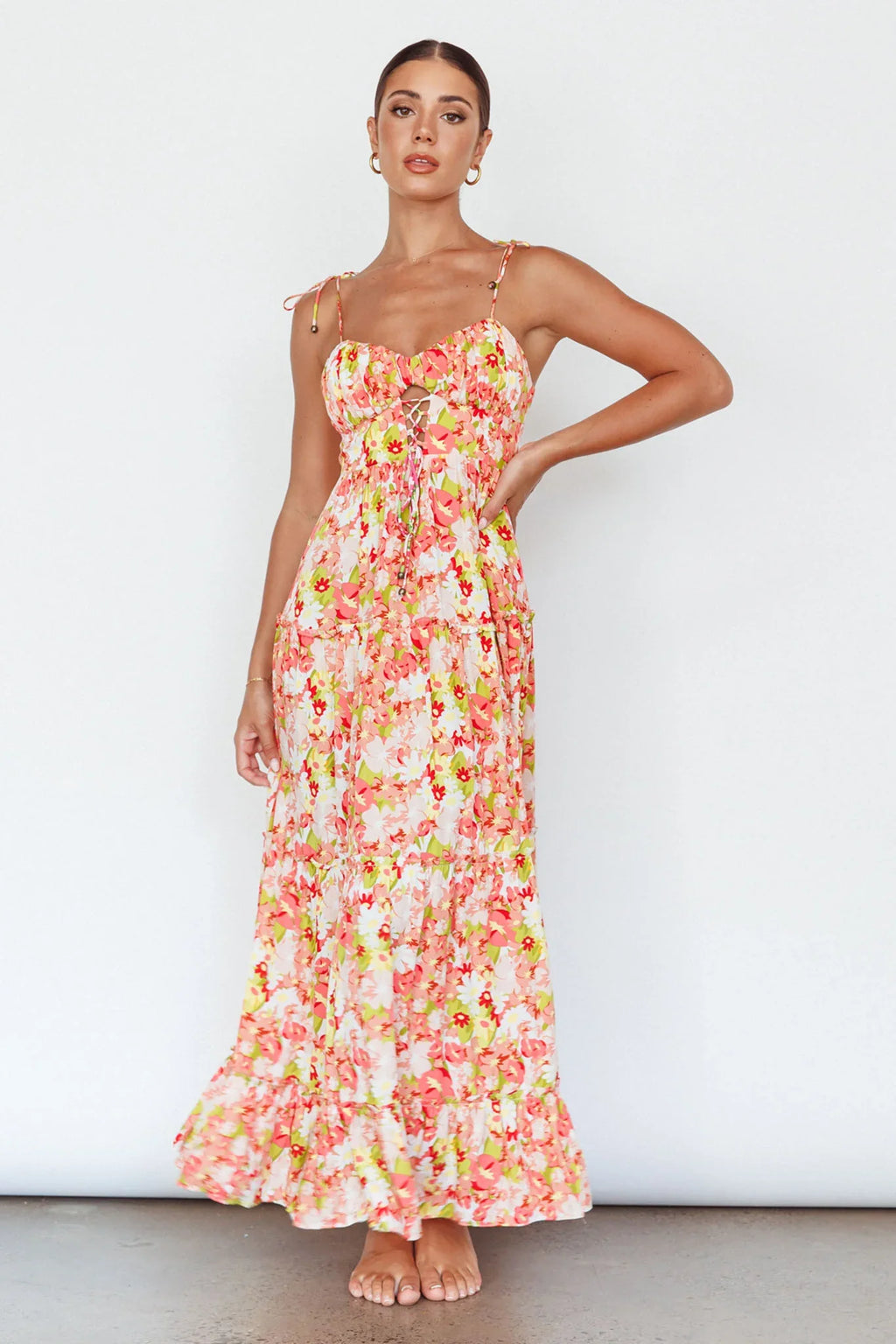Kinlee Lace-Up Bodice Maxi Dress Floral Pink