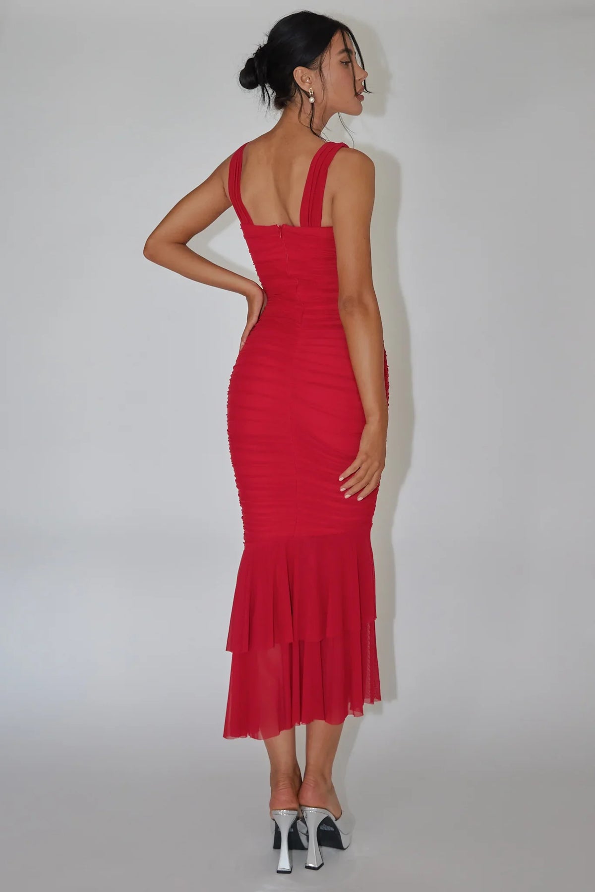 Nadia Ruched Fishtail Maxi Dress Red