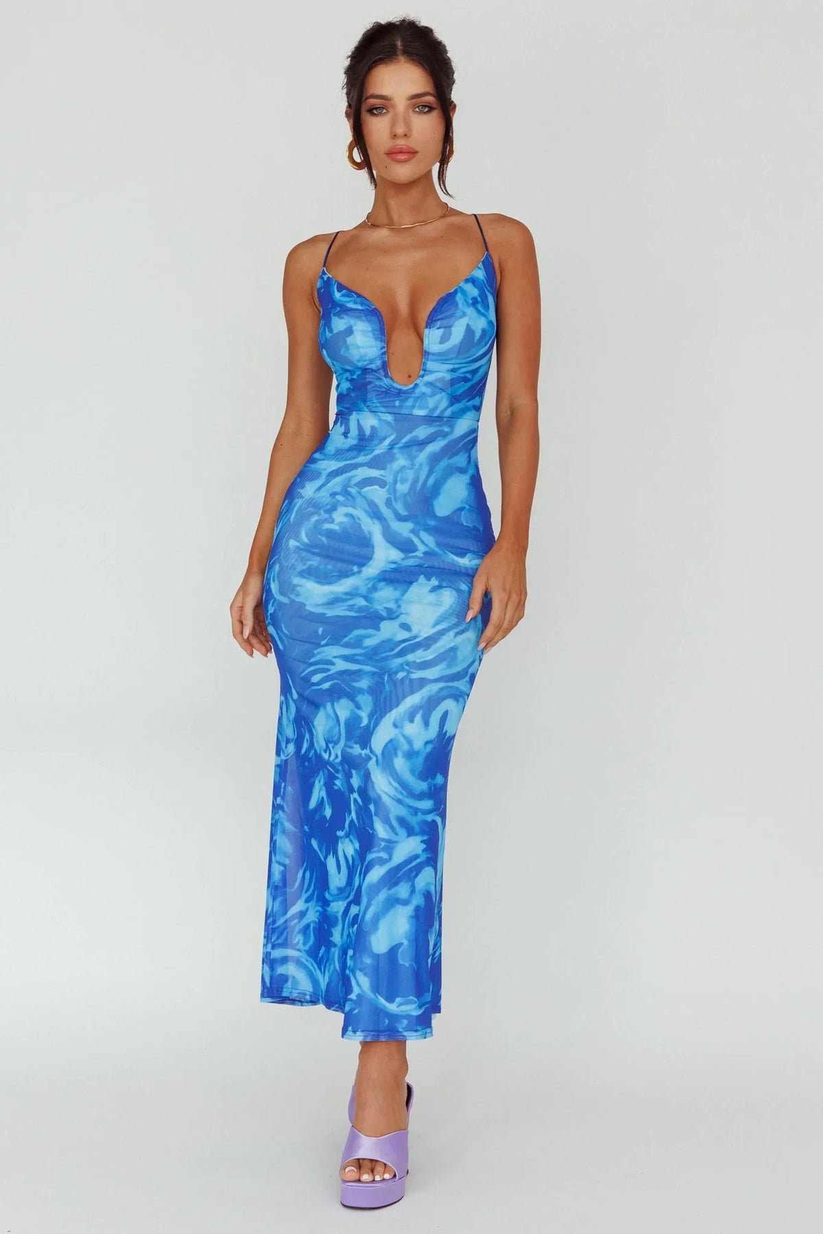 Nouveau U-Neckline Midi Dress Marbled Blue