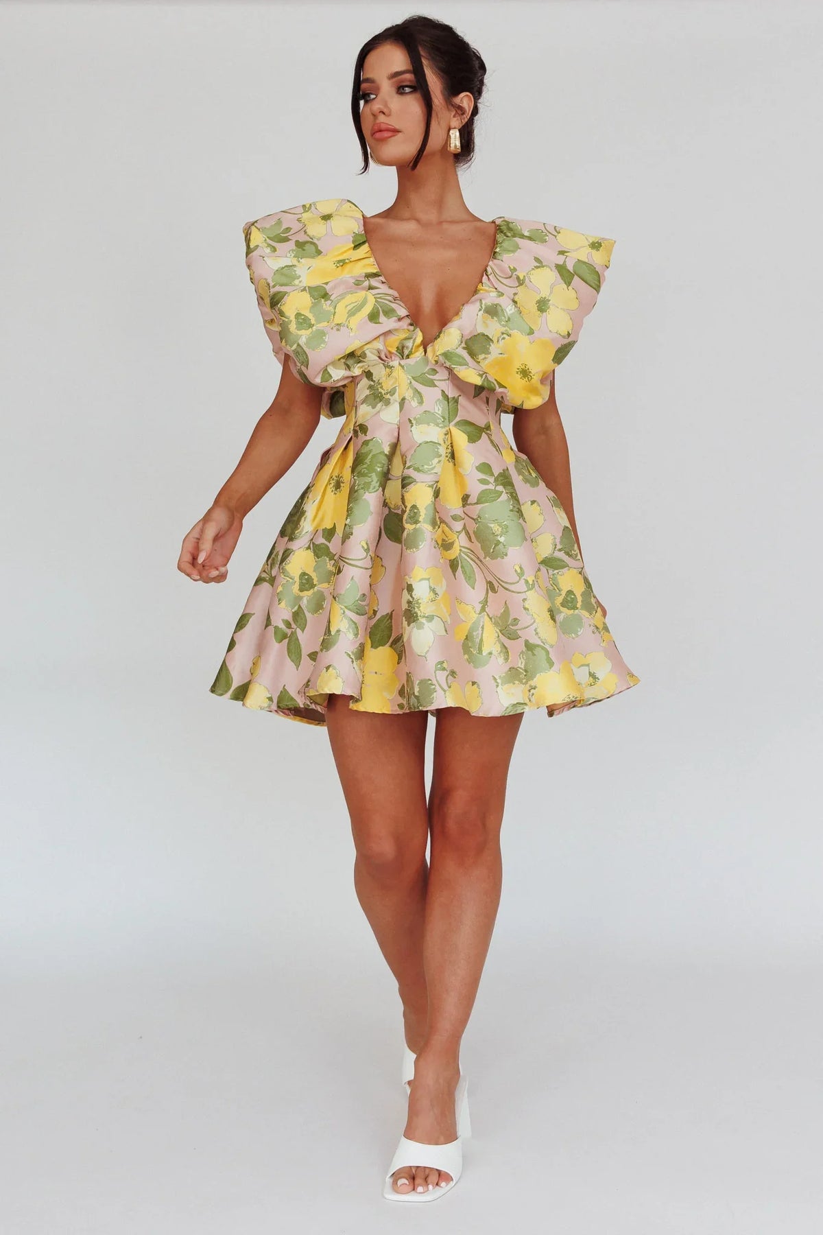 Bennet Puffed Neckline Mini Dress Floral Pink/Yellow