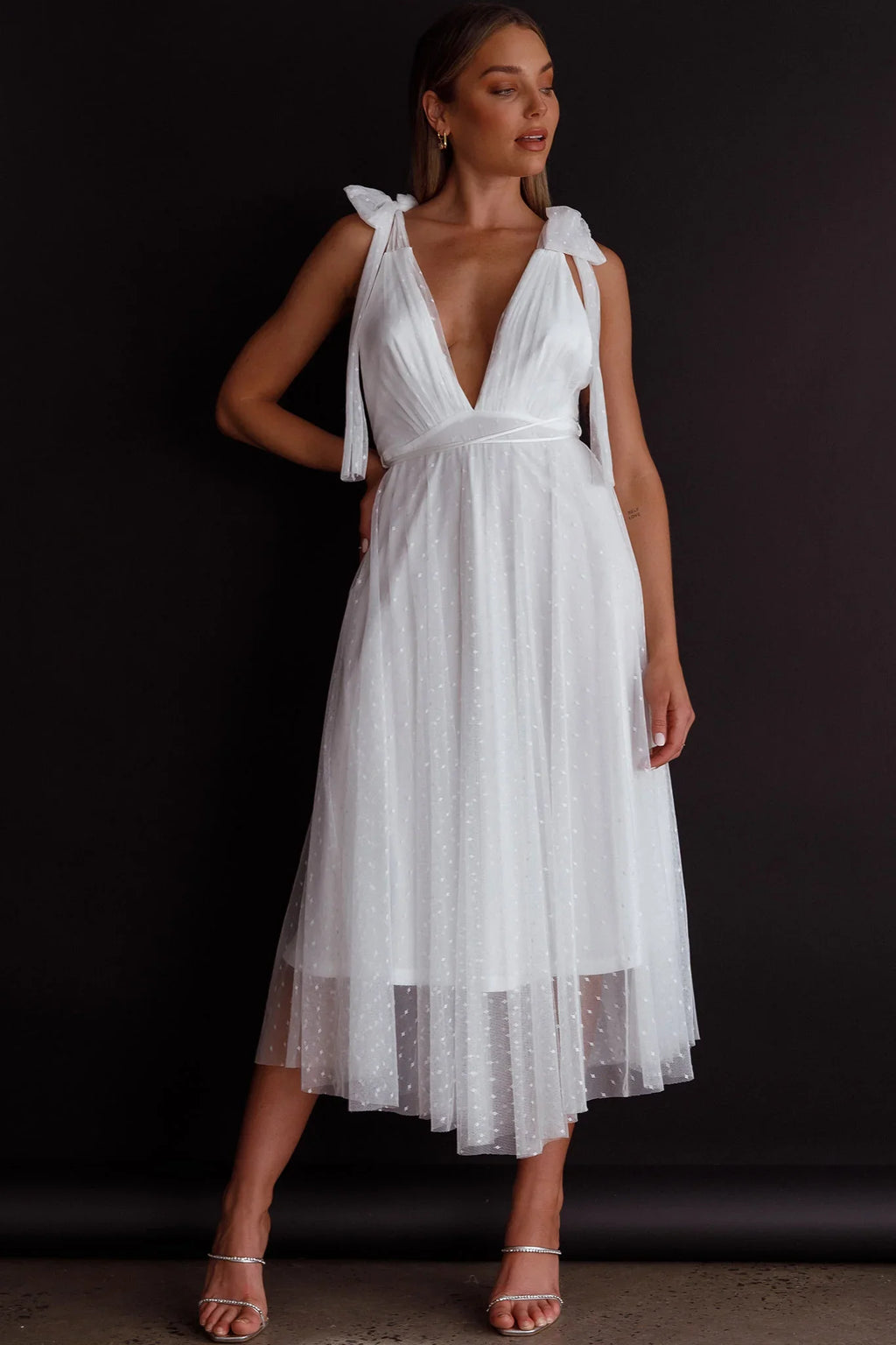 Kathryn Tied Shoulder Mesh Midi Dress White