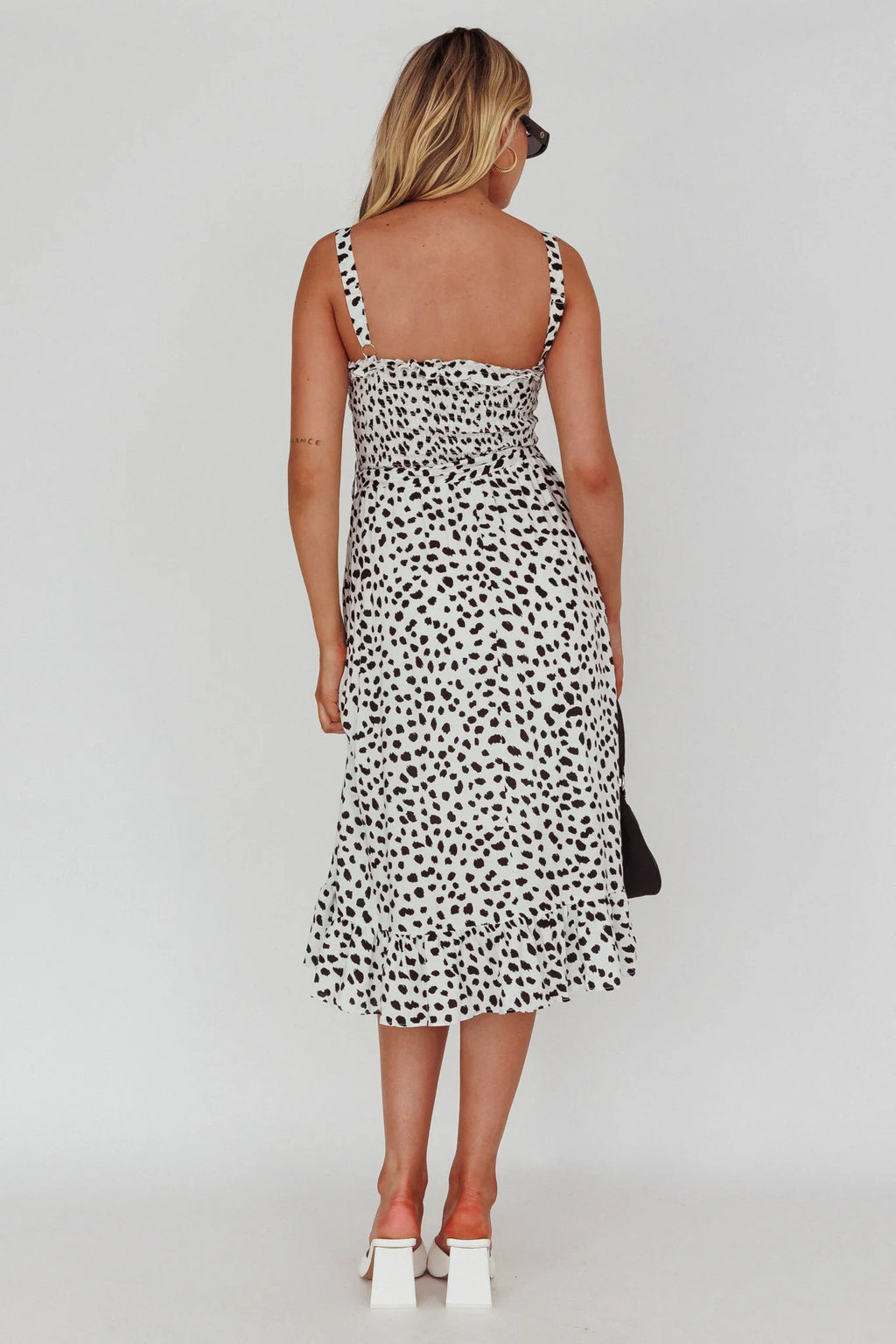 Honey Shirred Frill Midi Dress White/Black