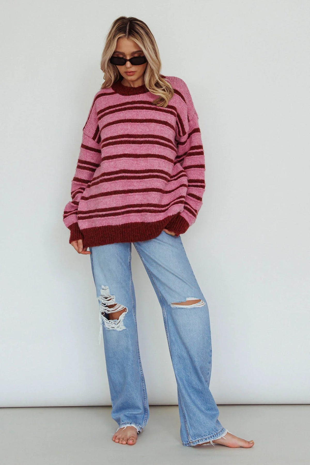 Jona Relaxed Knit Sweater Striped Pink