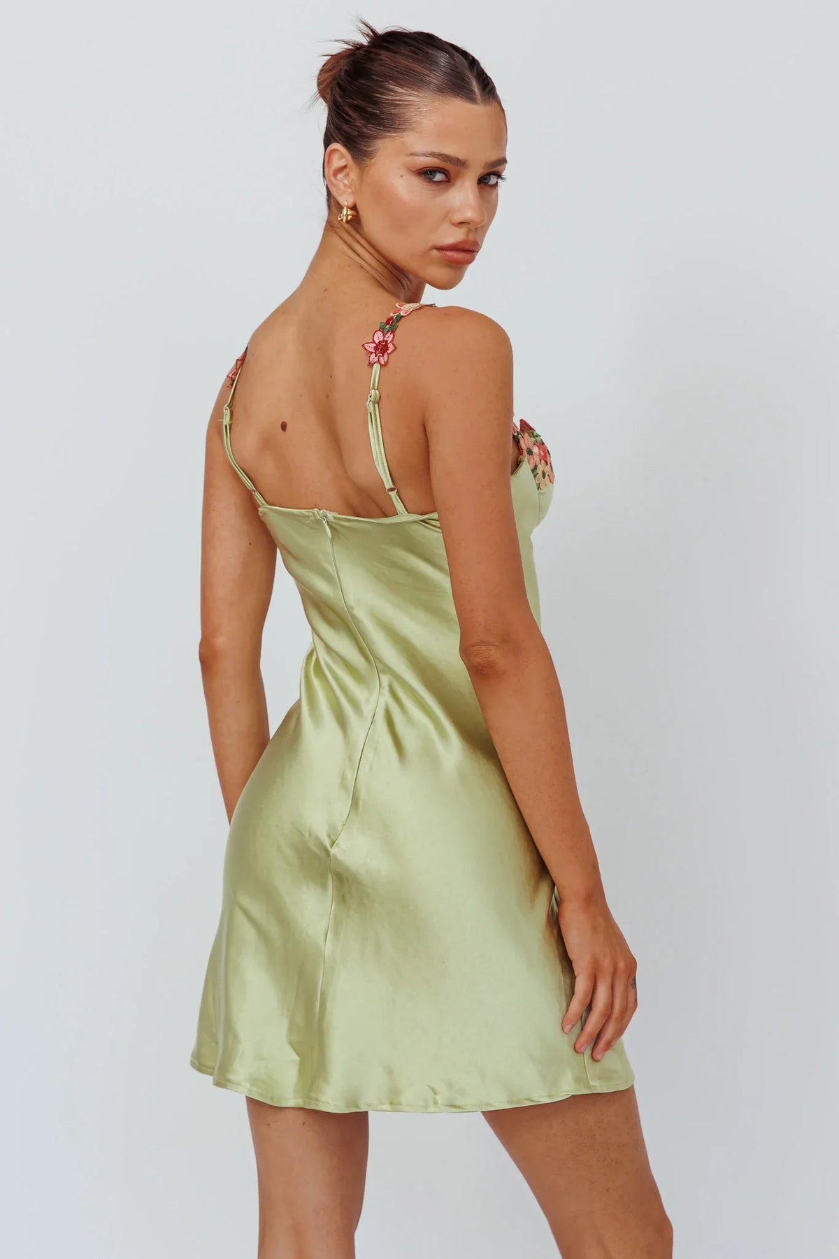 Rose Garden Floral Applique Mini Dress Lime