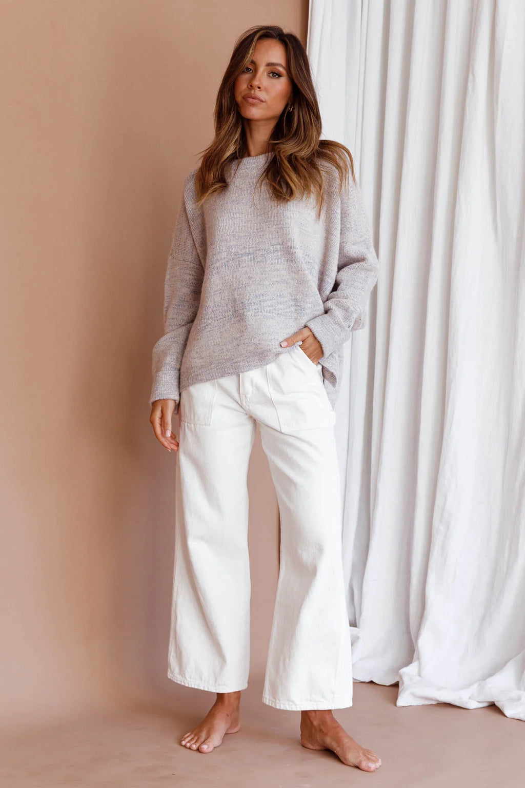 Kayce Dropped Shoulder Knit Sweater Grey