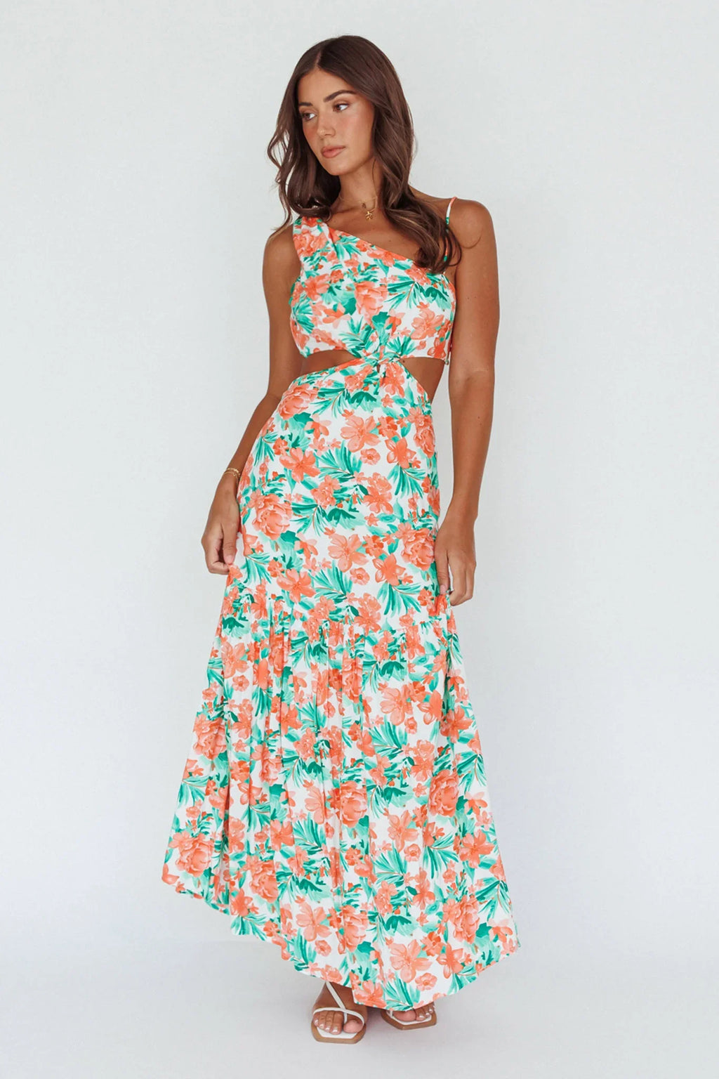 Evening Breeze Cut-Out Waist Maxi Dress Floral Orange