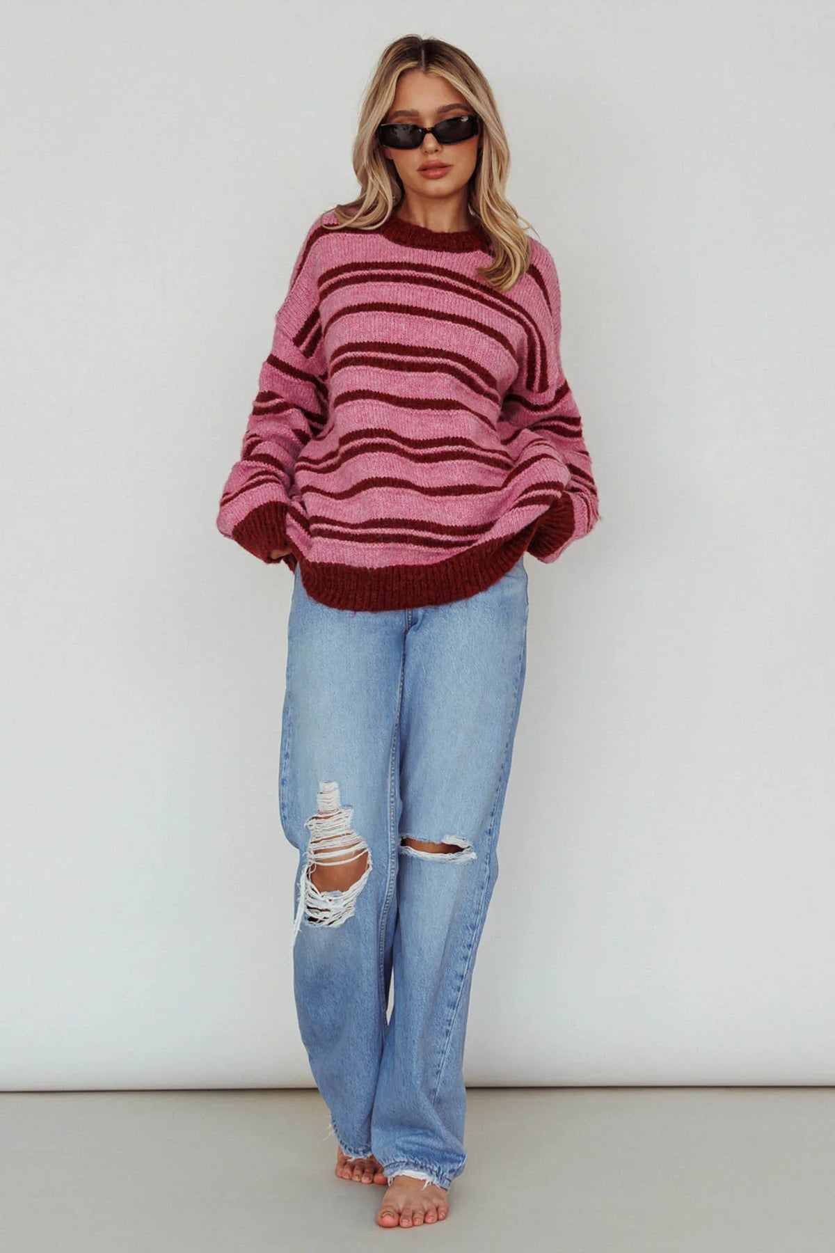 Jona Relaxed Knit Sweater Striped Pink