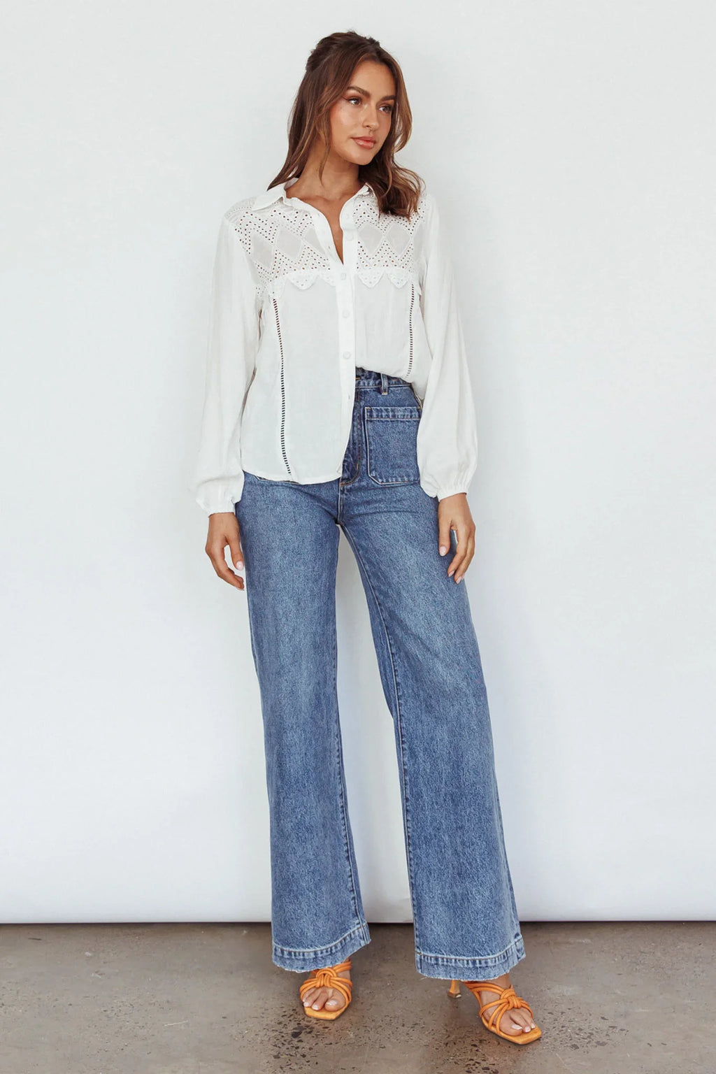 Villa Oasis Long Sleeve Button Shirt White