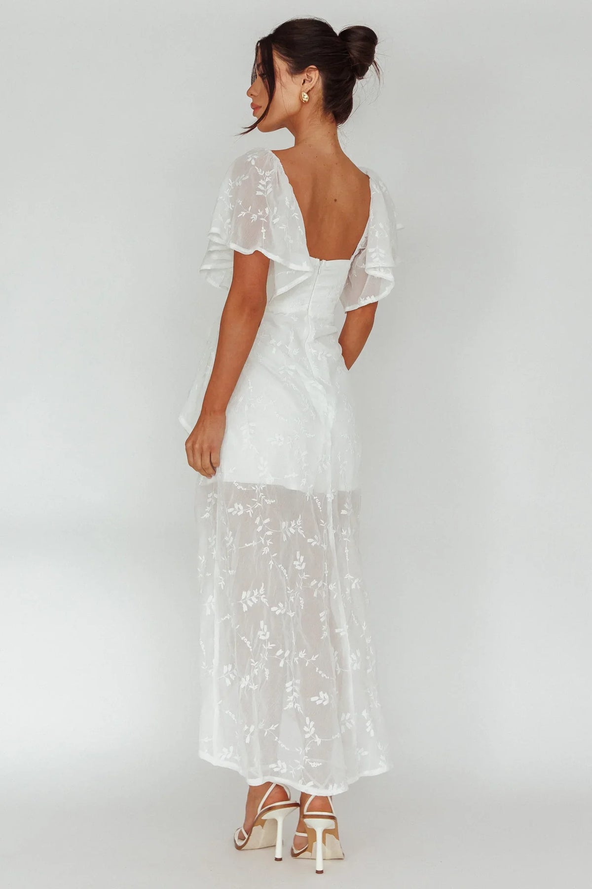 Aphrodite Molded Bust Angel Sleeve Midi Dress Floral White