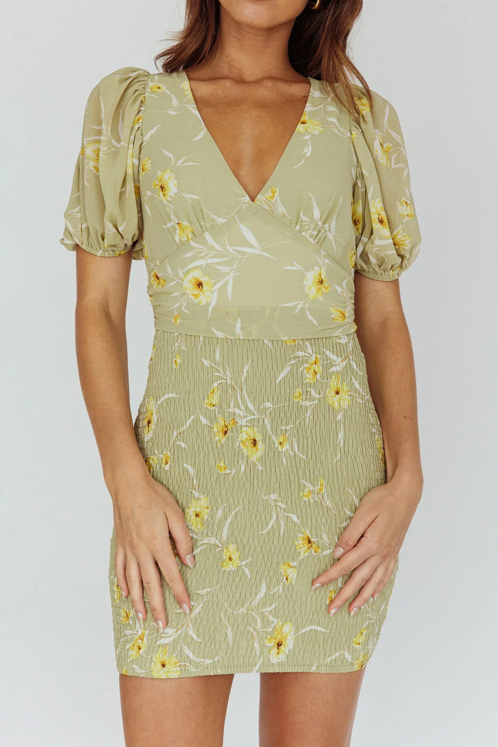 La Nena Shirred Mini Dress Floral Green