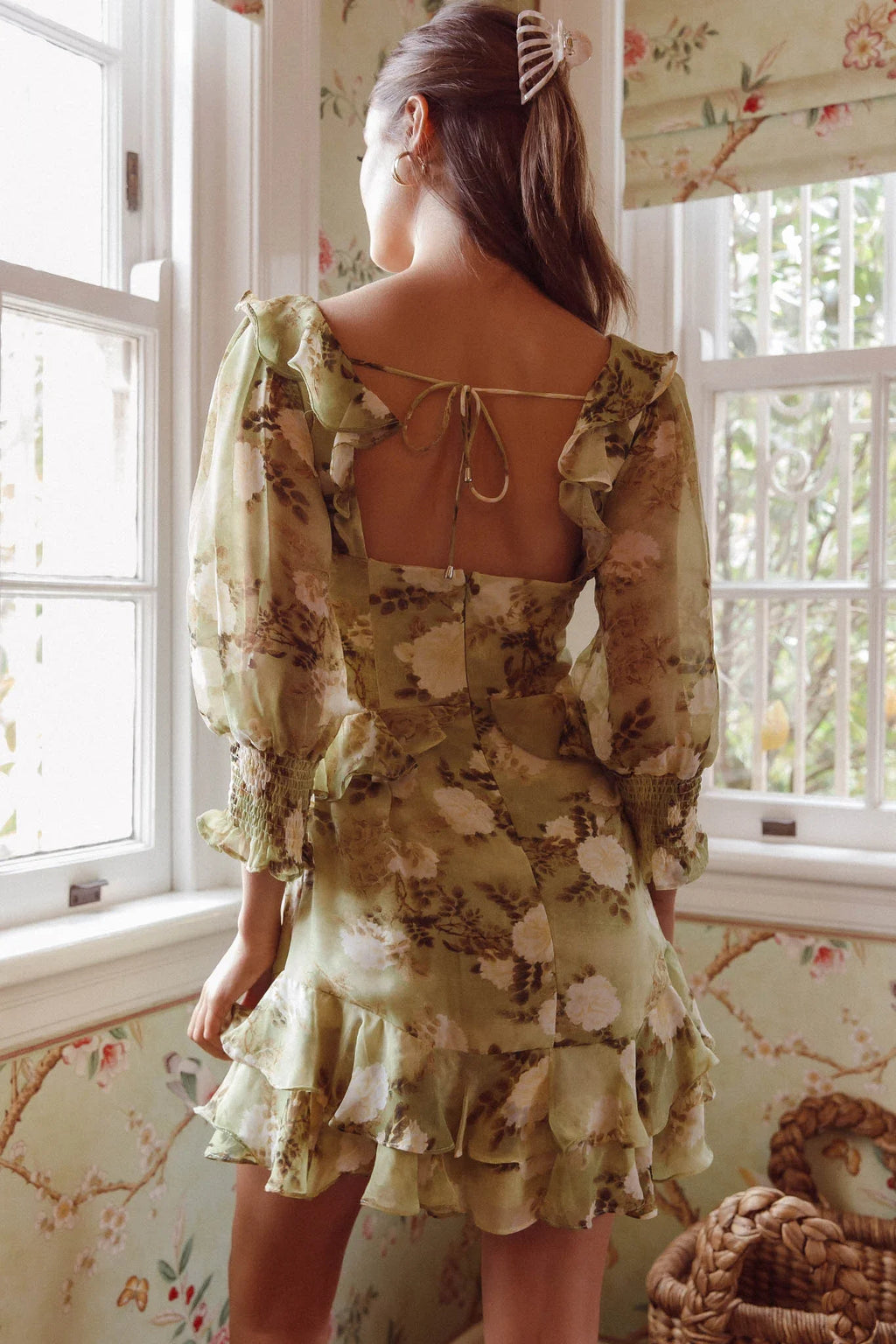 Desiree 3/4 Sleeve Sweetheart Neckline Frill Dress Floral Green