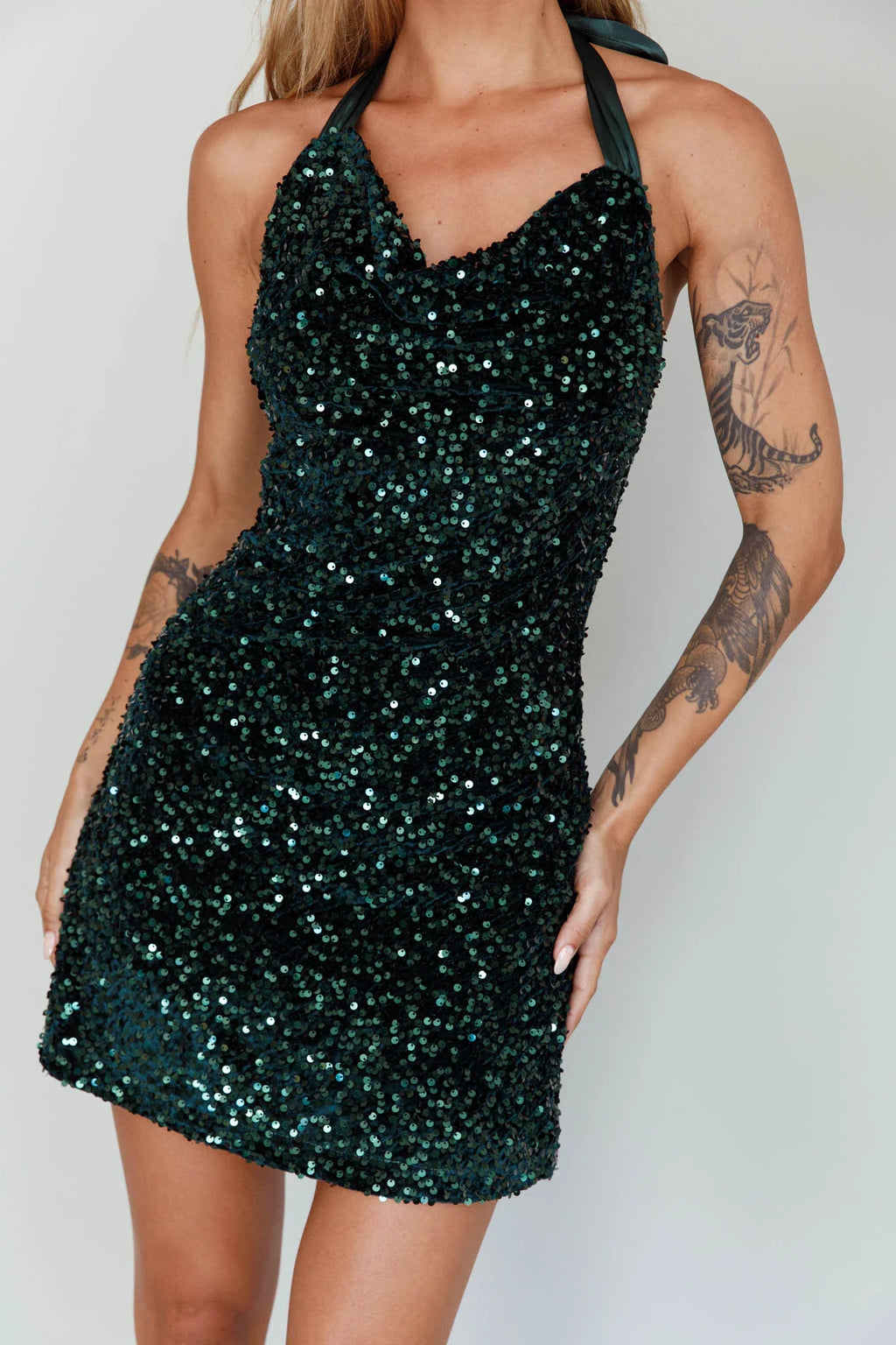 Star Lights Halterneck Mini Dress Sequin Emerald