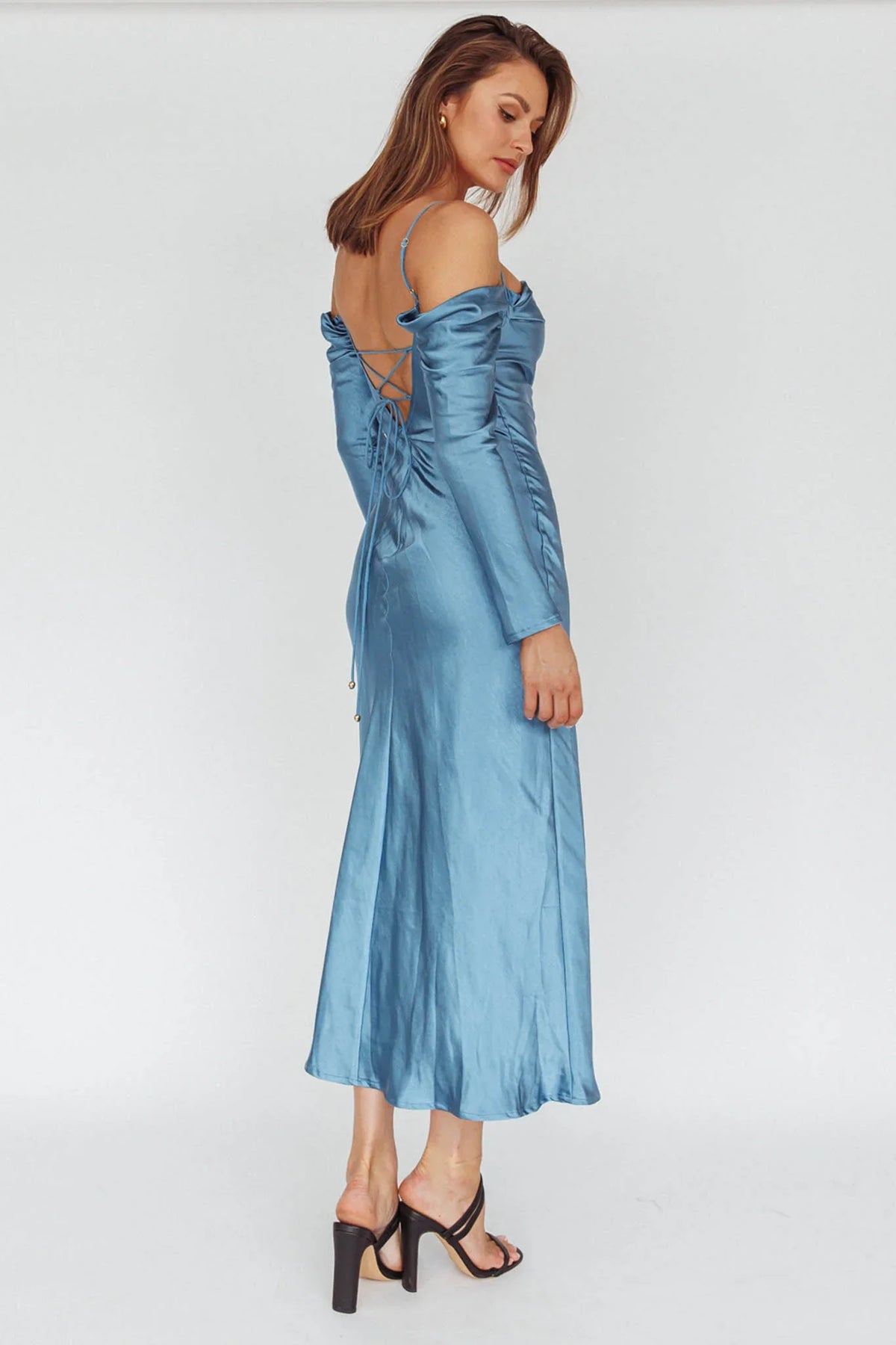 Ellory Long Sleeve Off-Shoulder Dress Blue
