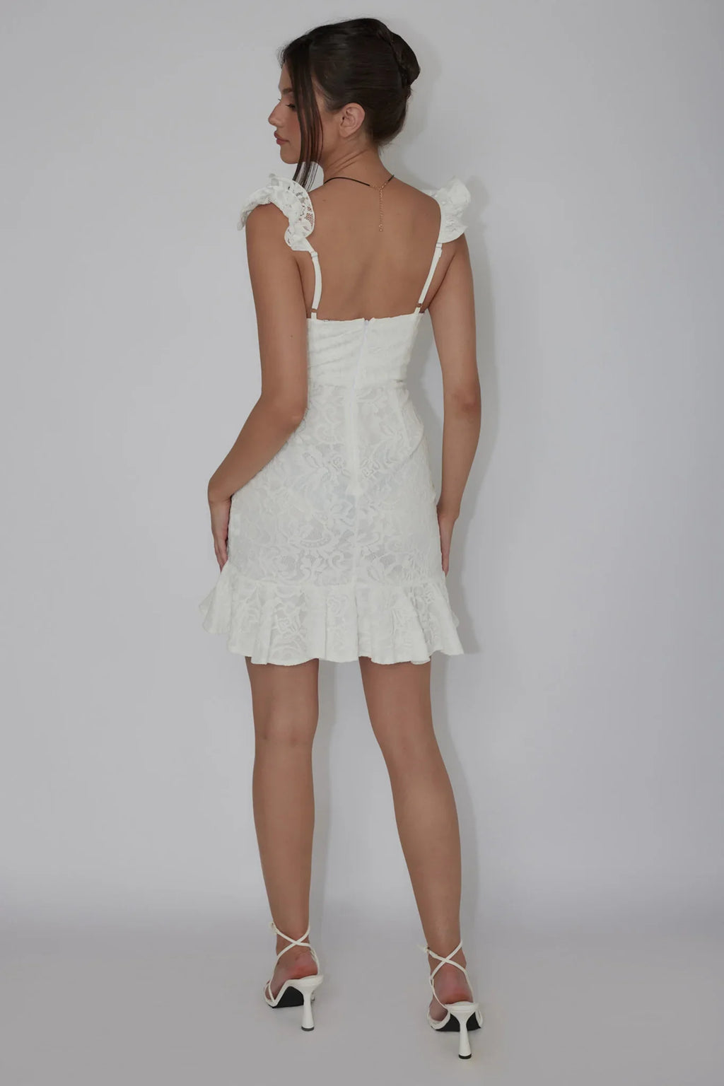 Kianna Ruffle Strap Lace Mini Dress White