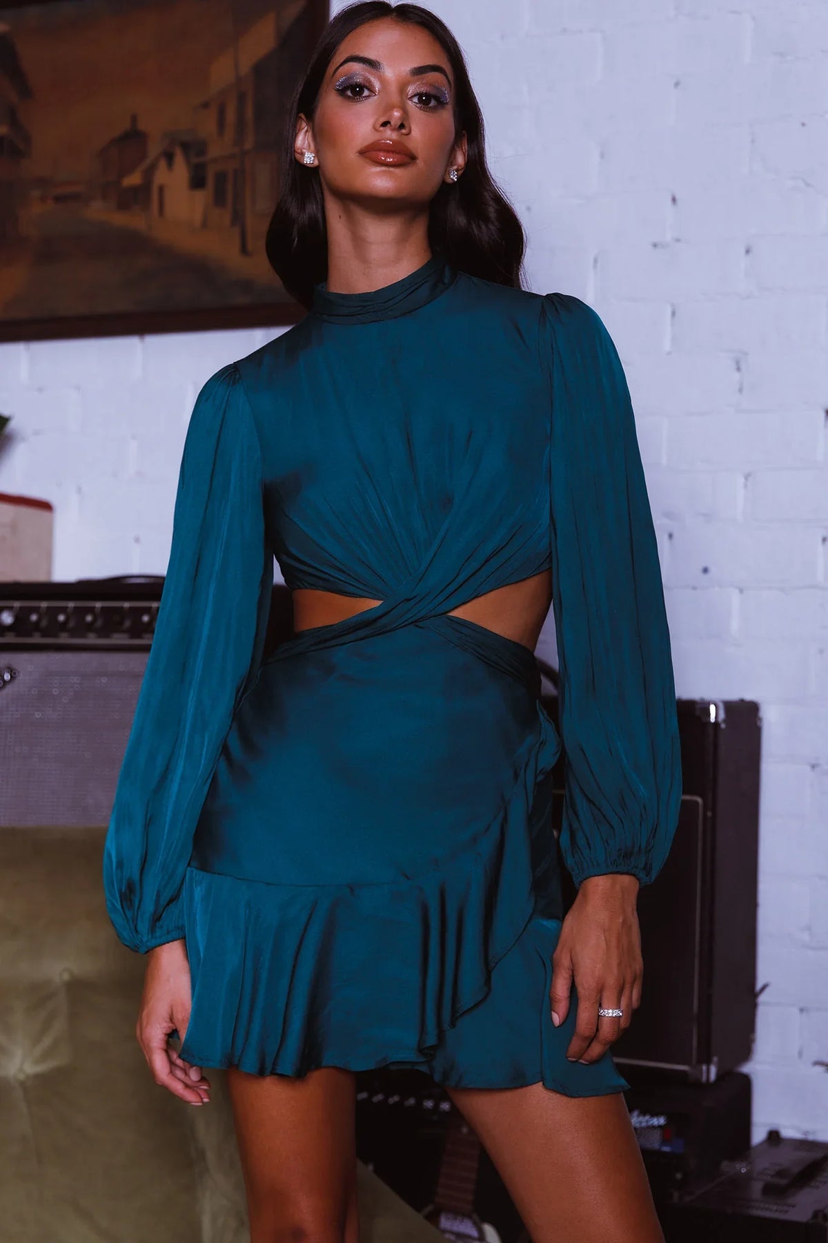 Feels Like Home Long Sleeve Cut-Out Dress Forest Green