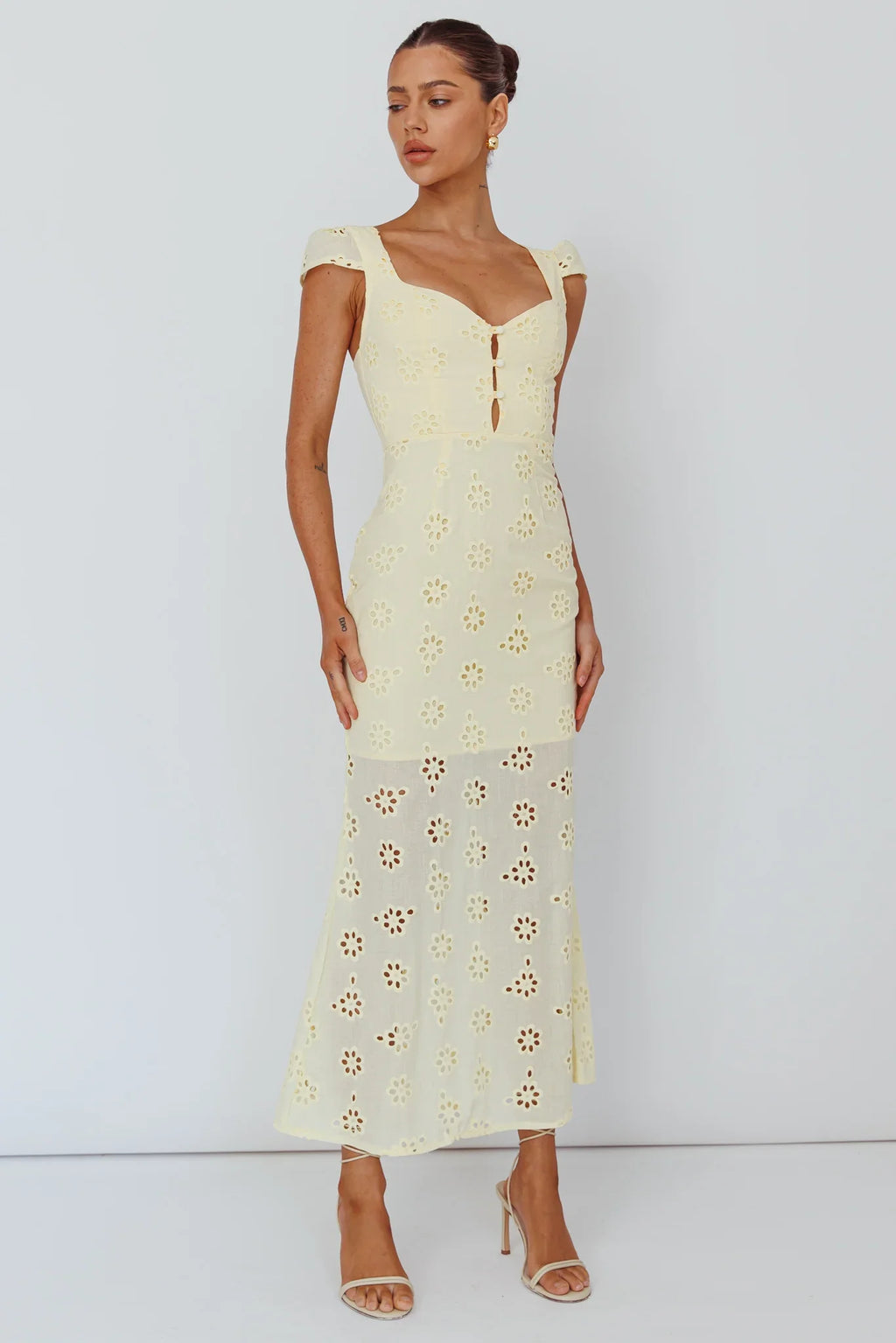 Bohemian Sun Cap Sleeve Eyelet Midi Dress Yellow