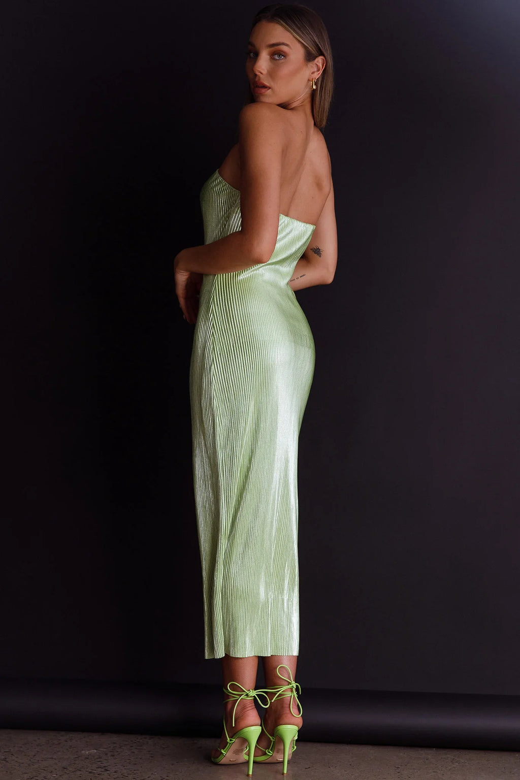 Shondra Accordion Pleat Tube Dress Lime