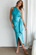 Island Time One-Shoulder Midi Dress Satin Aqua