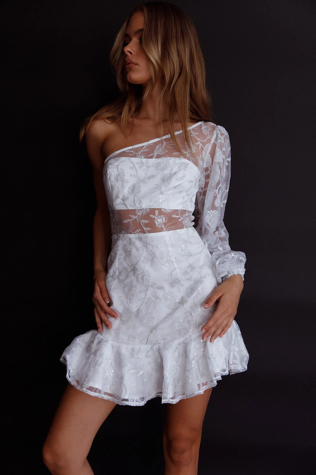Summerville One-Shoulder Embellished Dress White