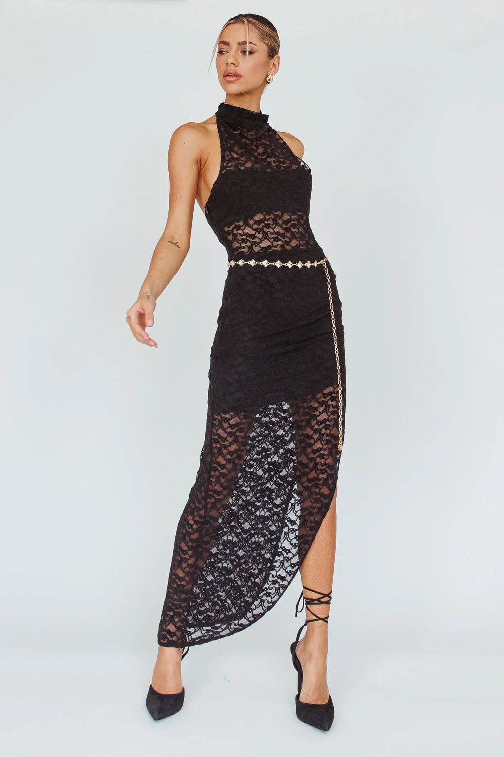 Tokyo Dreams Lace Halter Maxi Dress Black