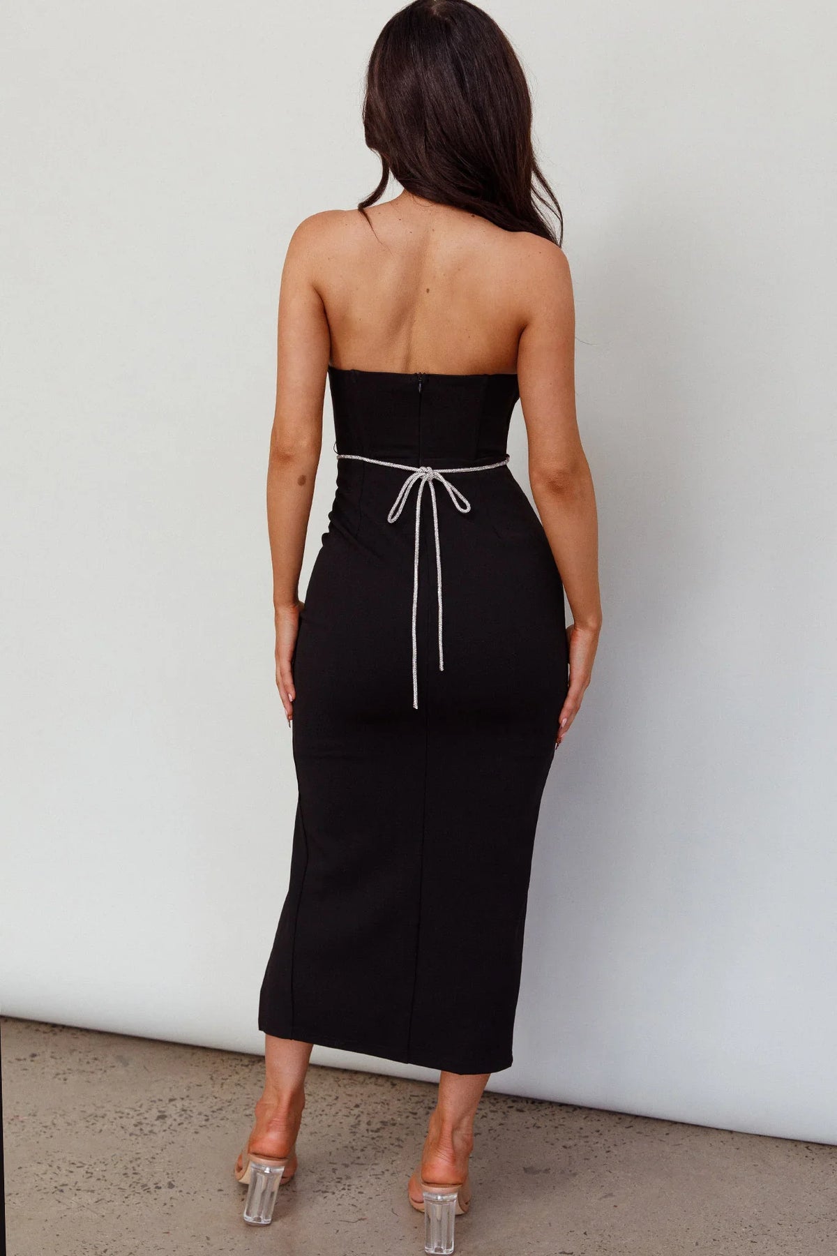 Nohemi Strapless Diamante Midi Dress Black
