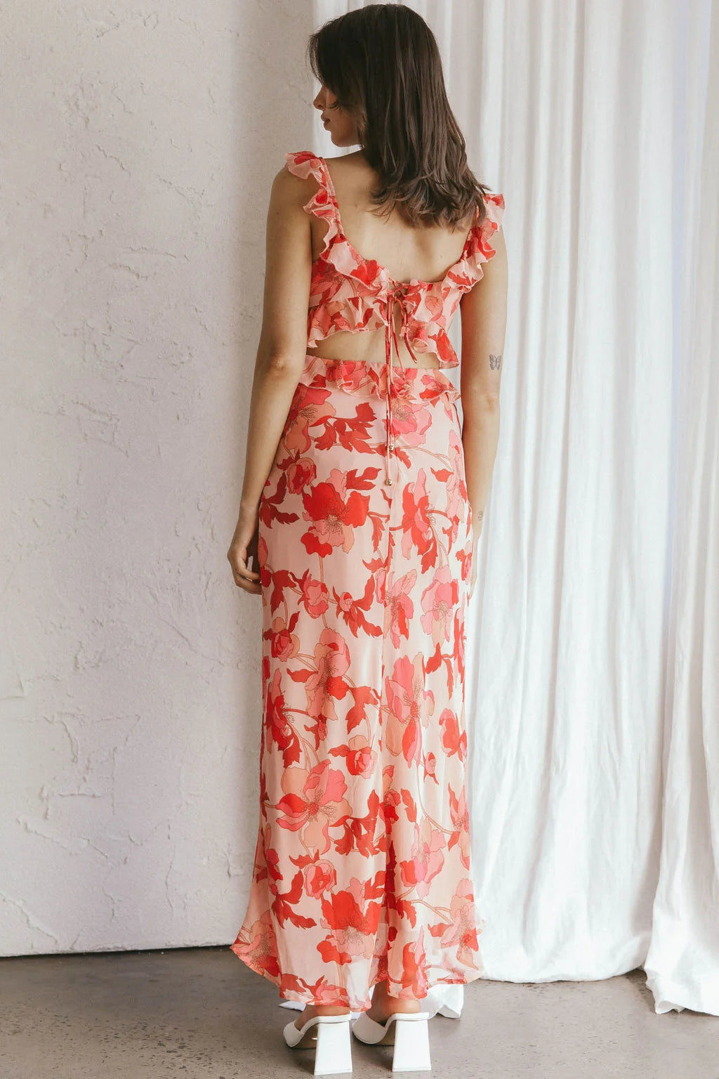 Second Chances Ruffle Trim Midi Dress Floral Pink