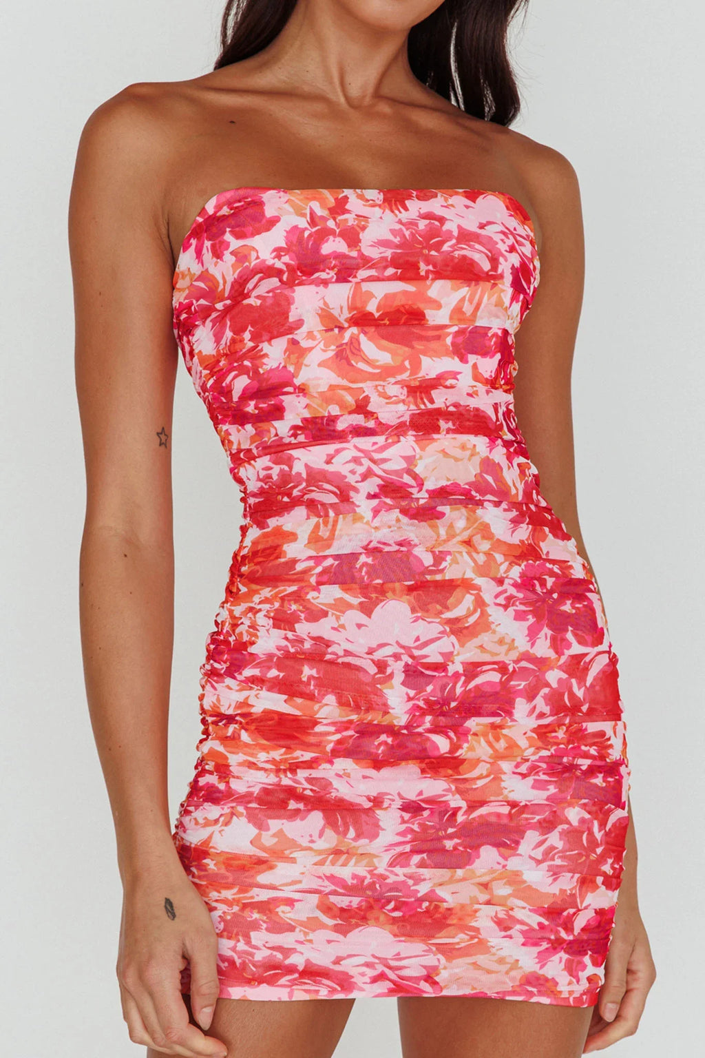 Logan Strapless Ruched Dress Floral Pink/Orange