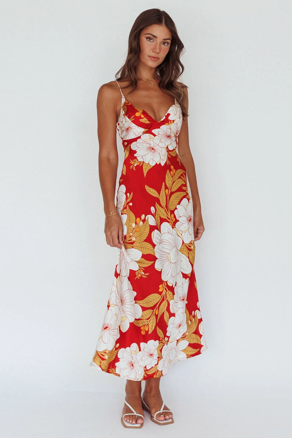 Infinity Pintuck Bust Midi Dress Flower Red