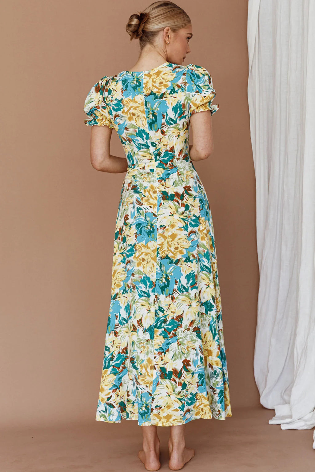 Montebello Puff Sleeve Maxi Dress Floral Blue/Yellow