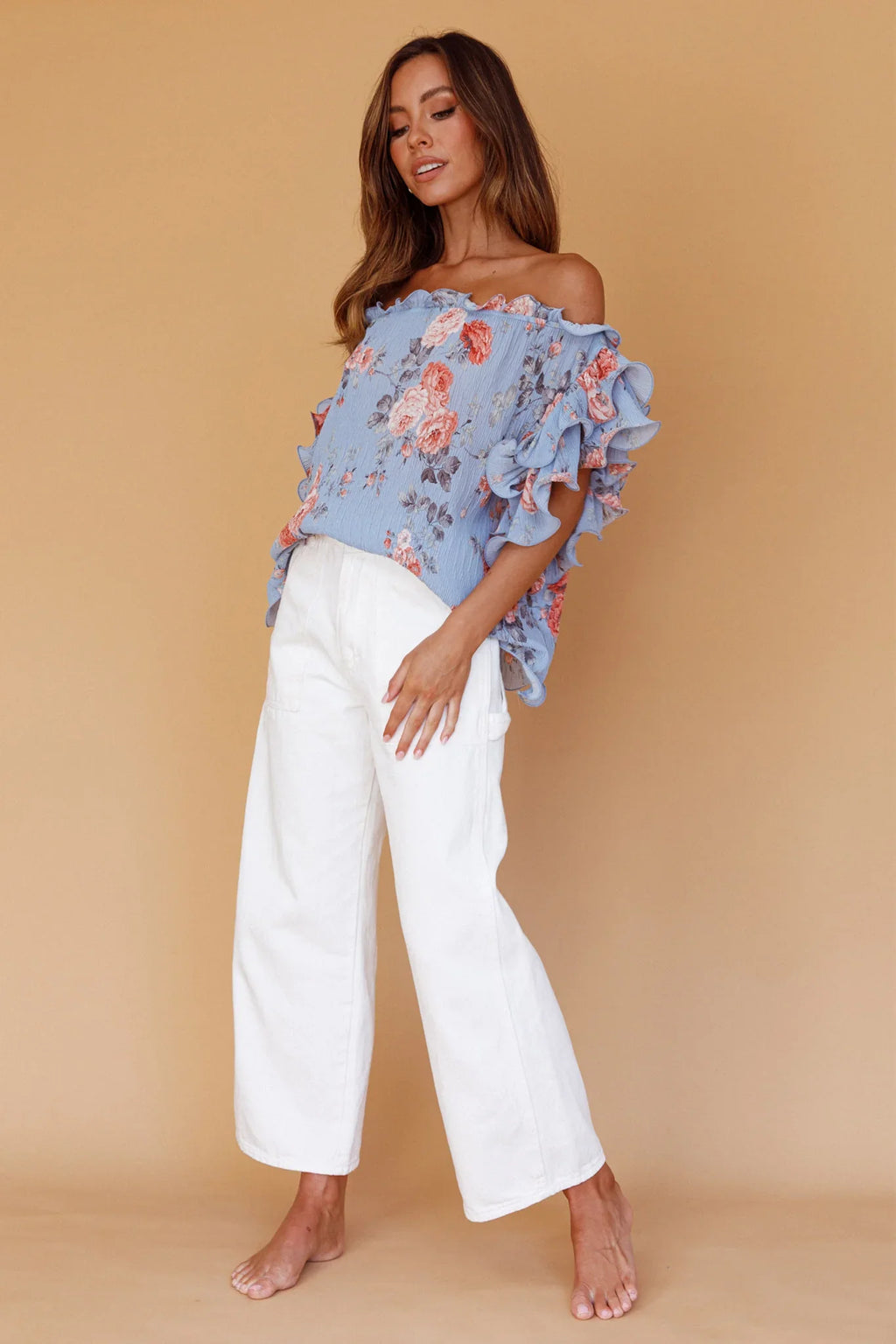 Miranda Off-Shoulder Ruffle Sleeve Top Floral Print Blue