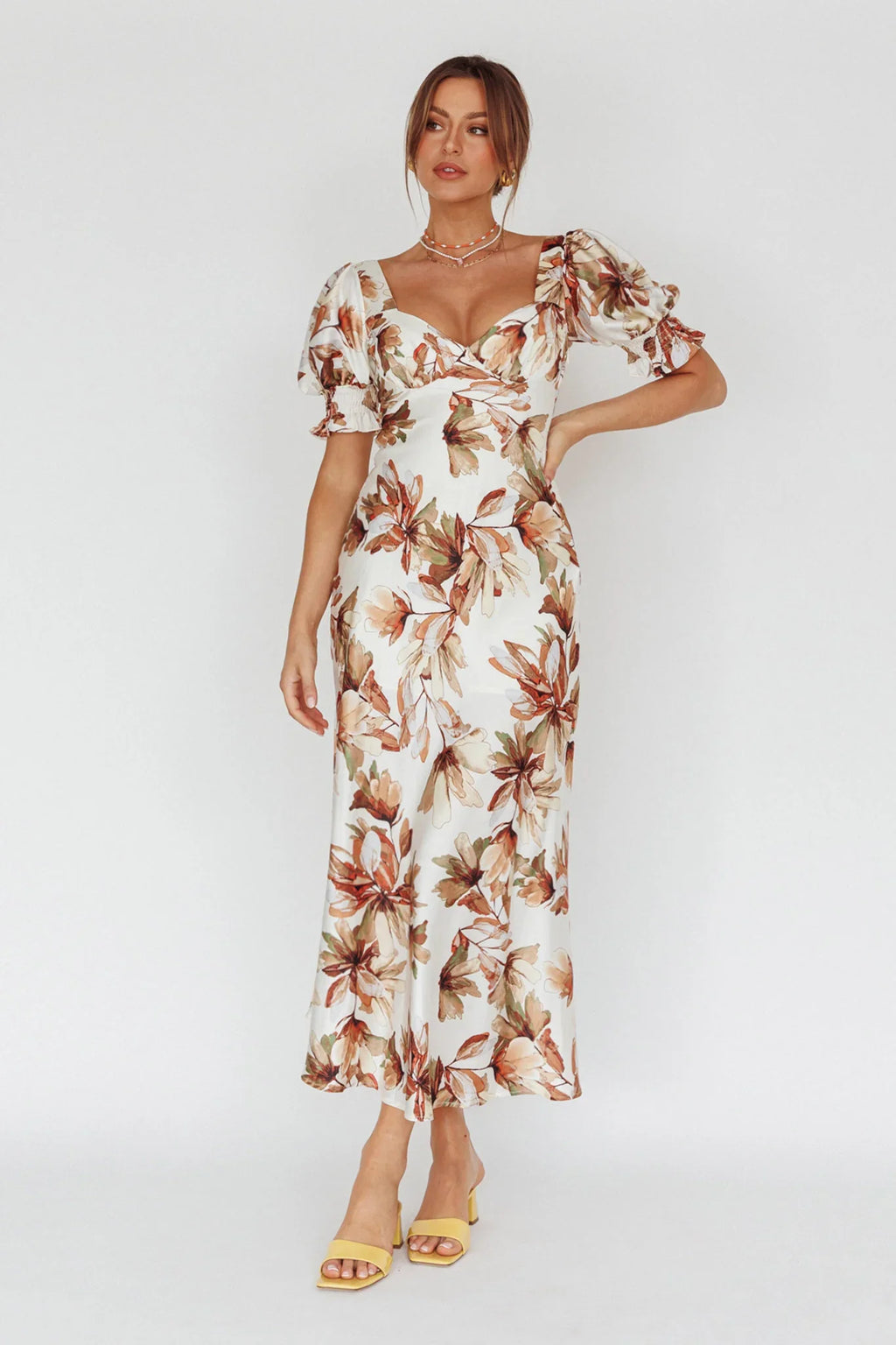 Brigita Tied Back Midi Dress Floral Brown