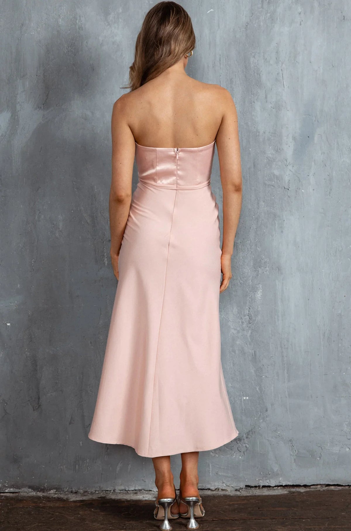 Brittini Satin Bust Strapless Midi Dress Blush