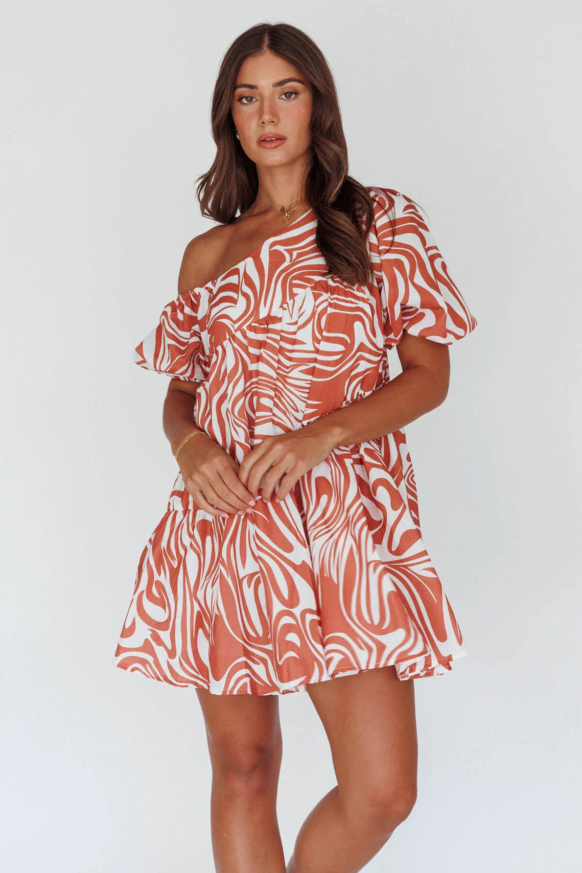 Villa Puff Sleeve One-Shoulder Dress Terracotta