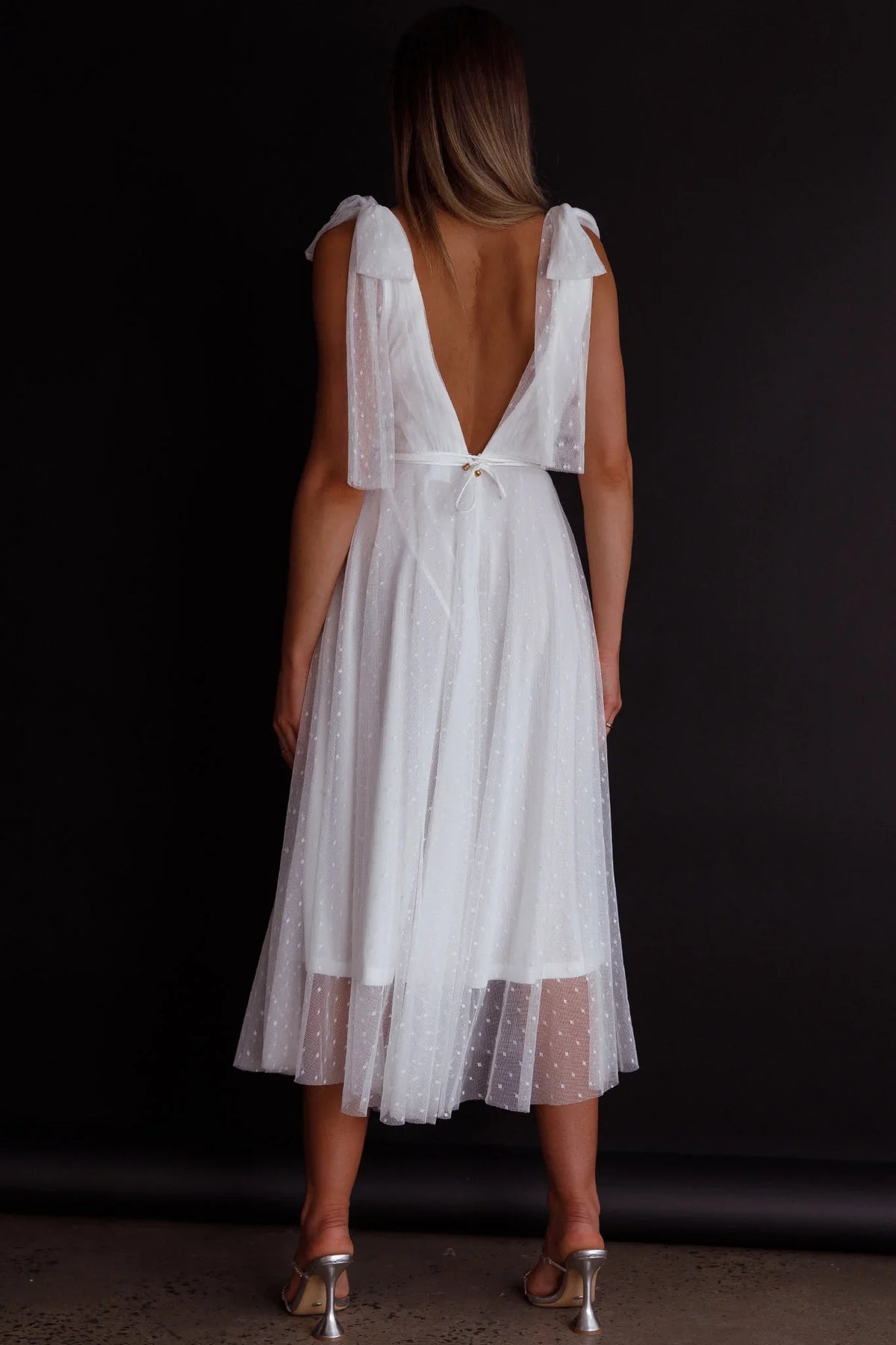 Kathryn Tied Shoulder Mesh Midi Dress White